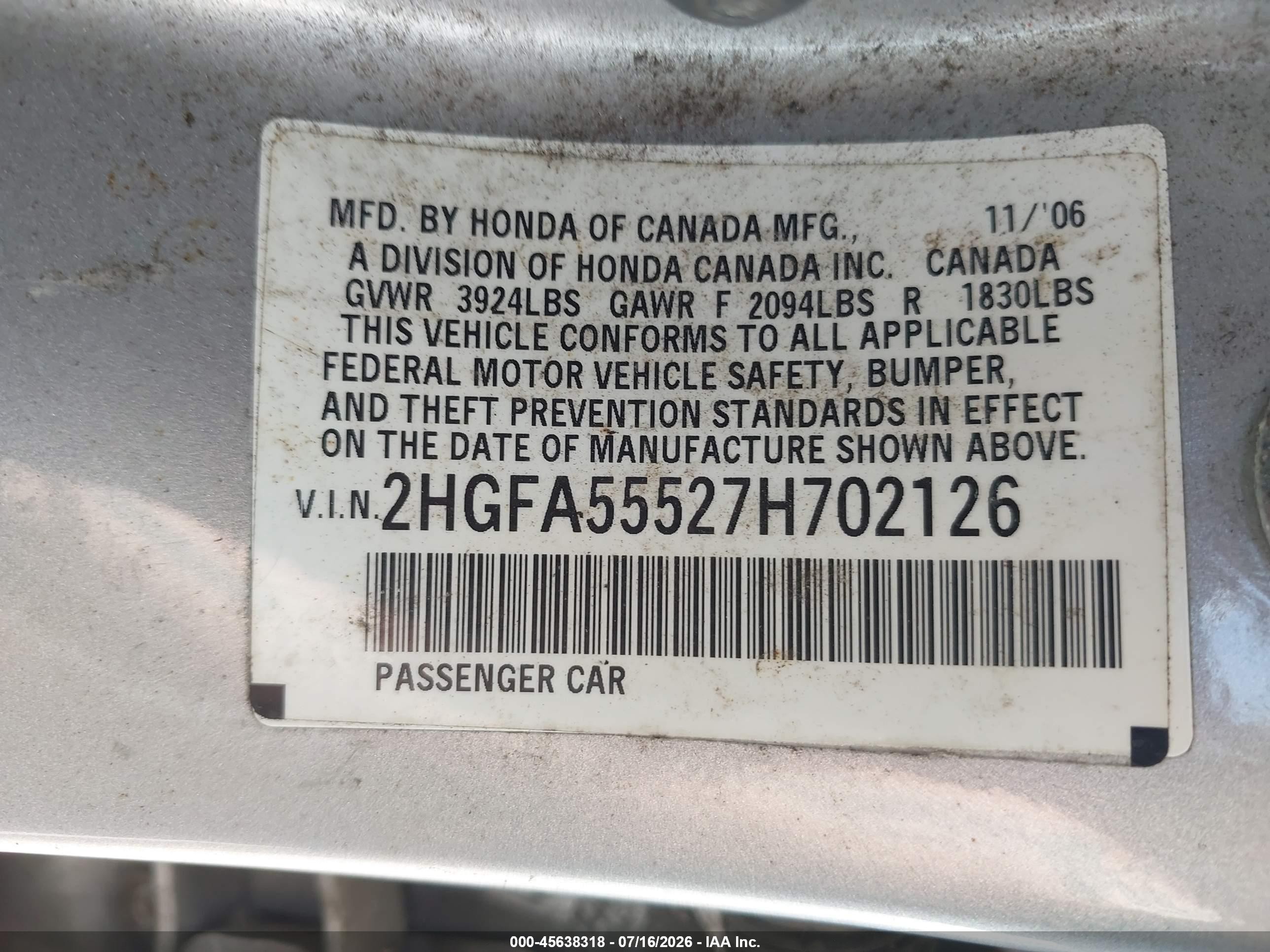 2007 Honda Civic Si Silver vin: 2HGFA55527H702126