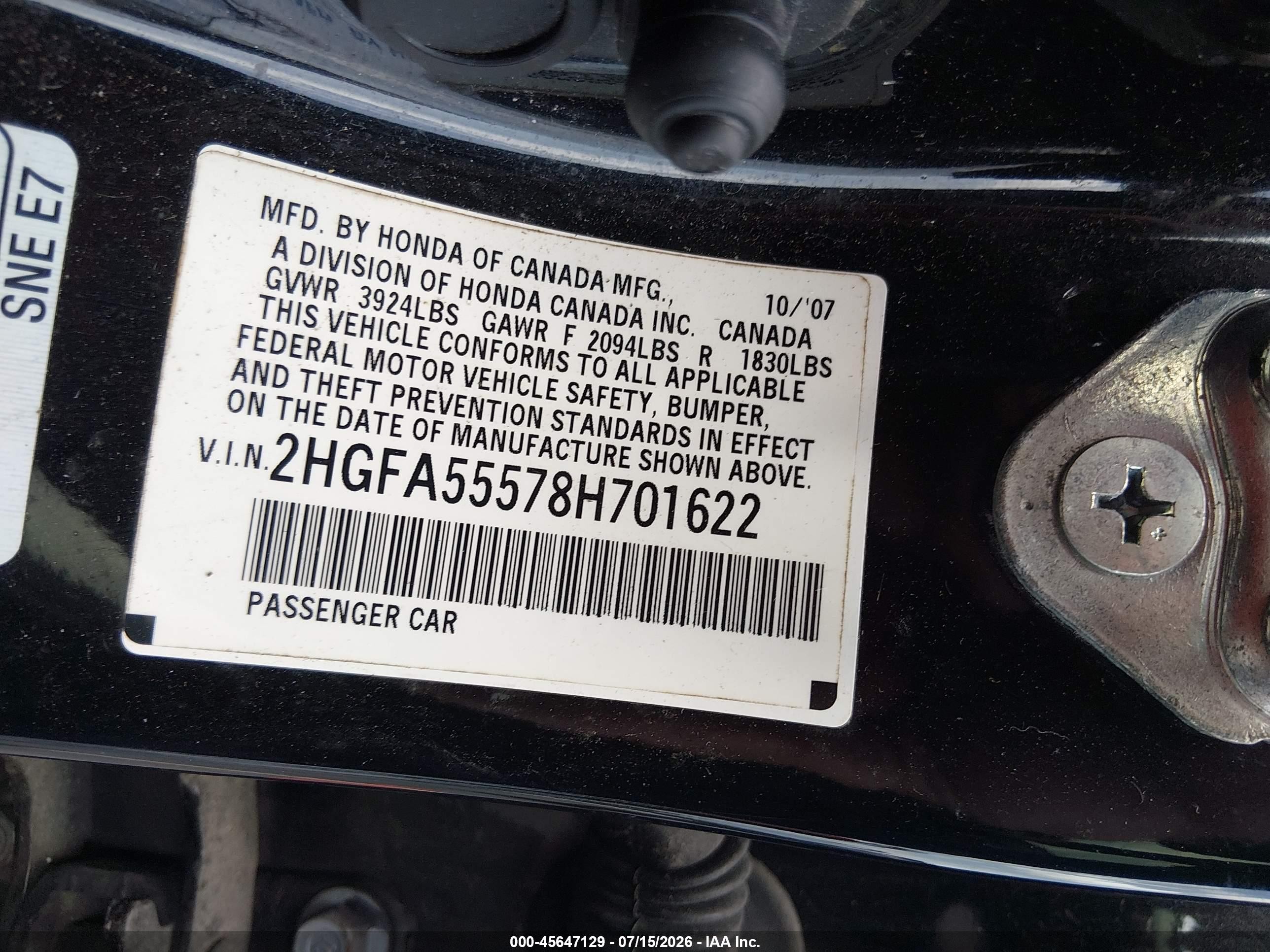2008 Honda Civic Si/si Mugen Black vin: 2HGFA55578H701622