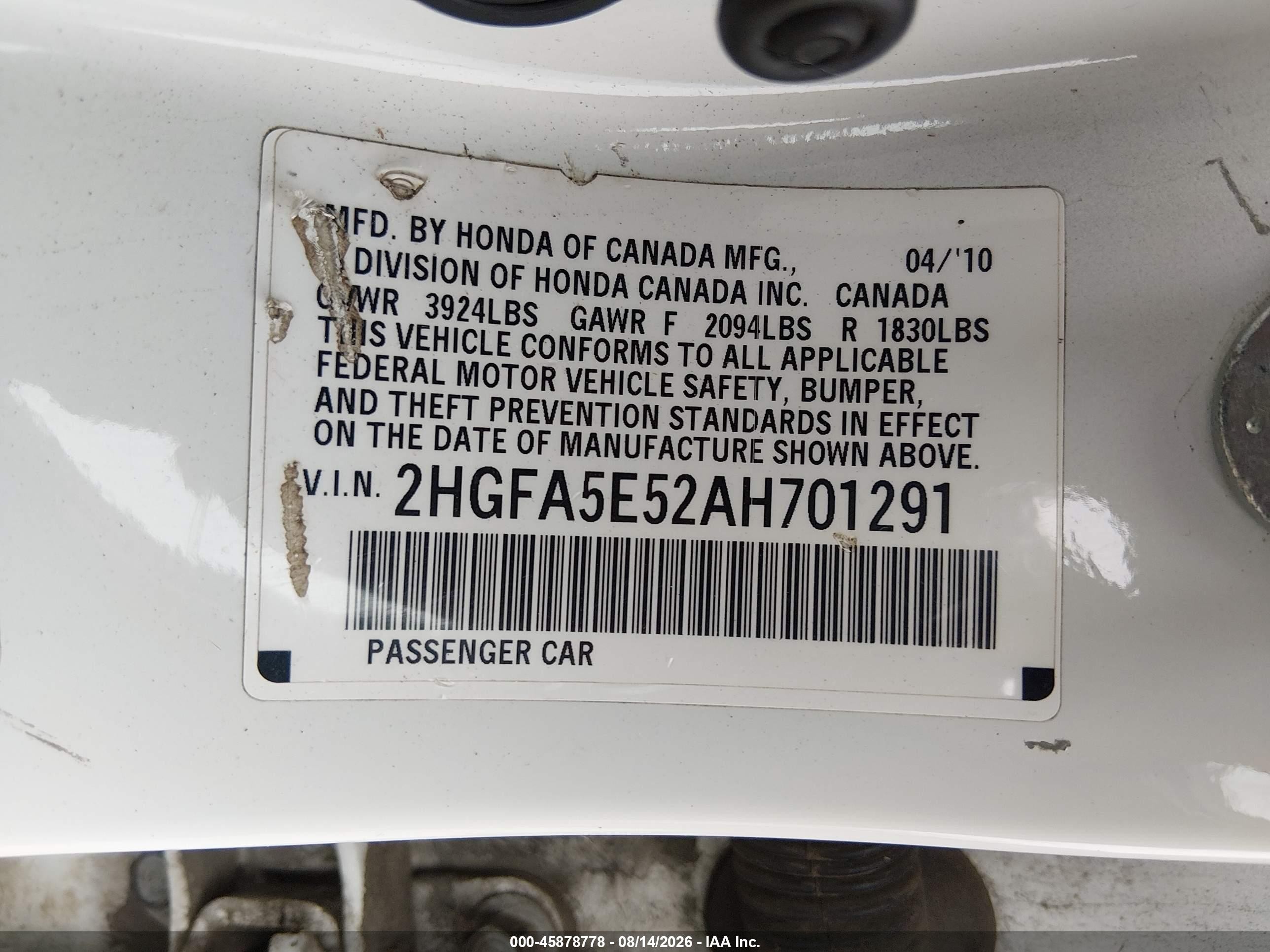 2010 Honda Civic Si White vin: 2HGFA5E52AH701291
