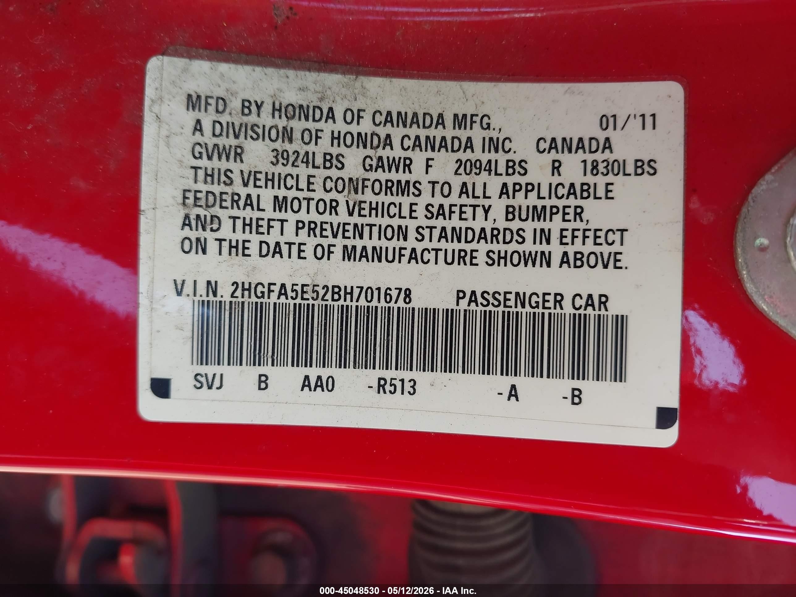 2011 Honda Civic Si Red vin: 2HGFA5E52BH701678