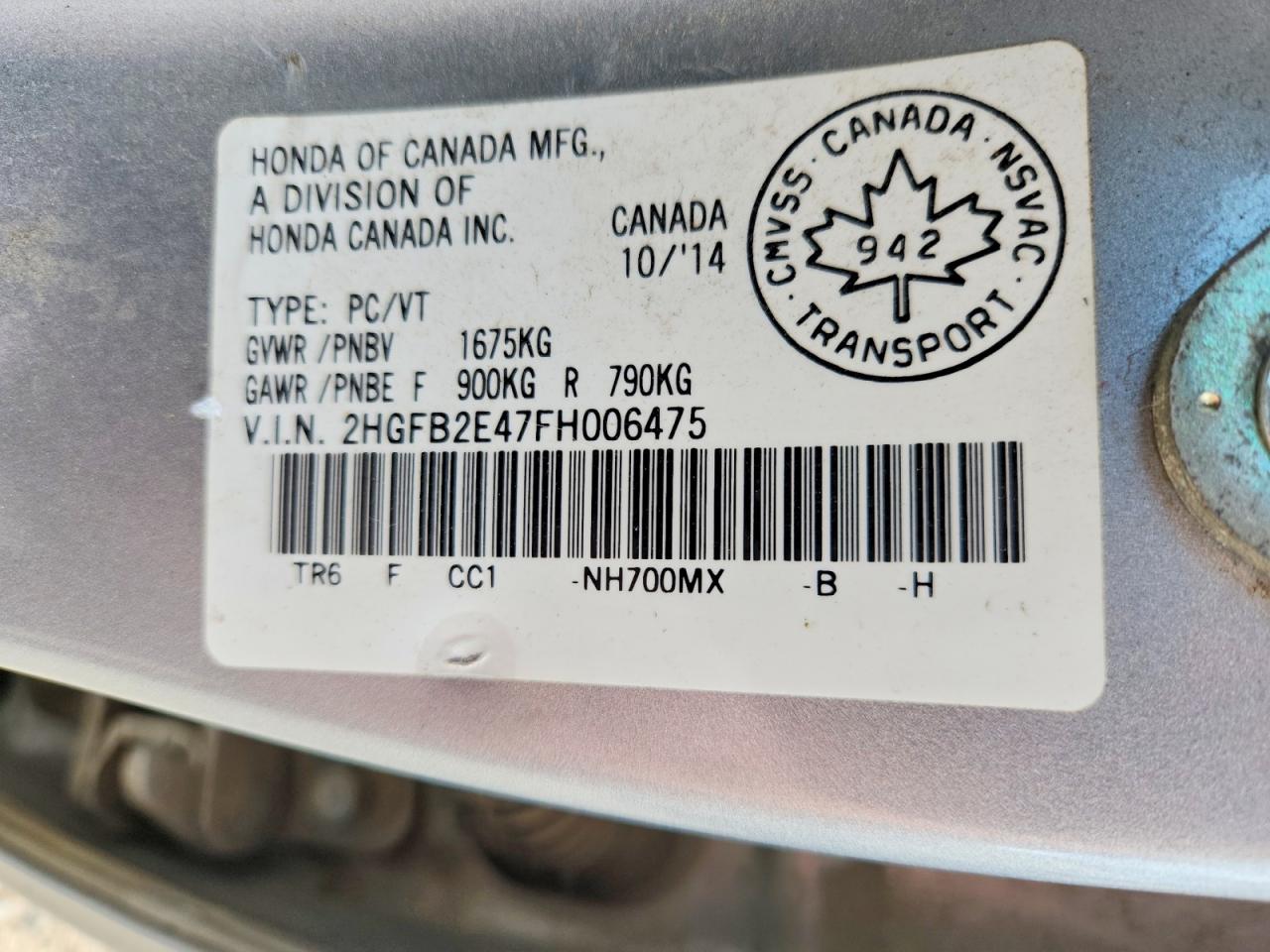 2015 Honda Civic Lx Silver vin: 2HGFB2E47FH006475