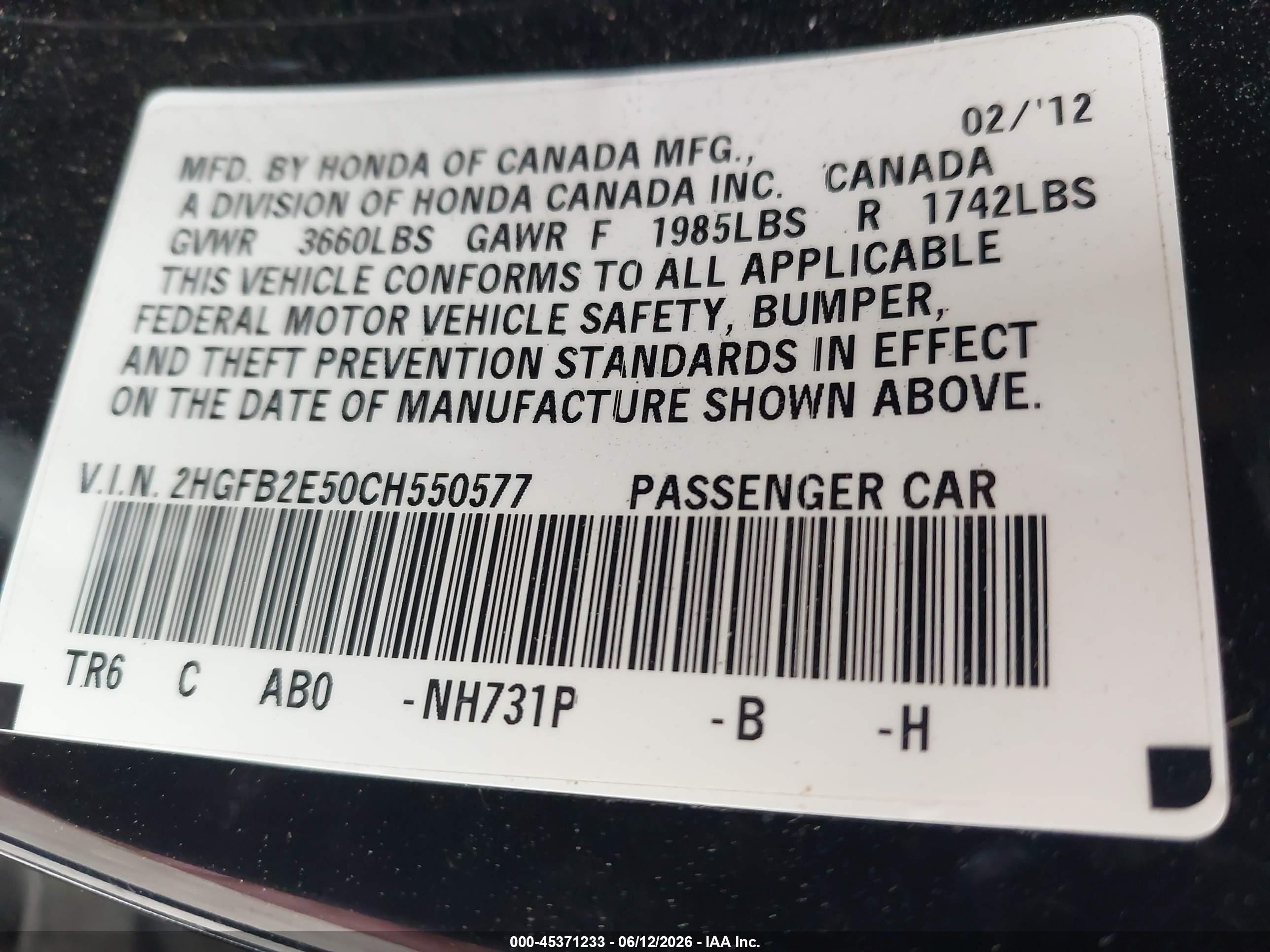 2012 Honda Civic Lx Black vin: 2HGFB2E50CH550577