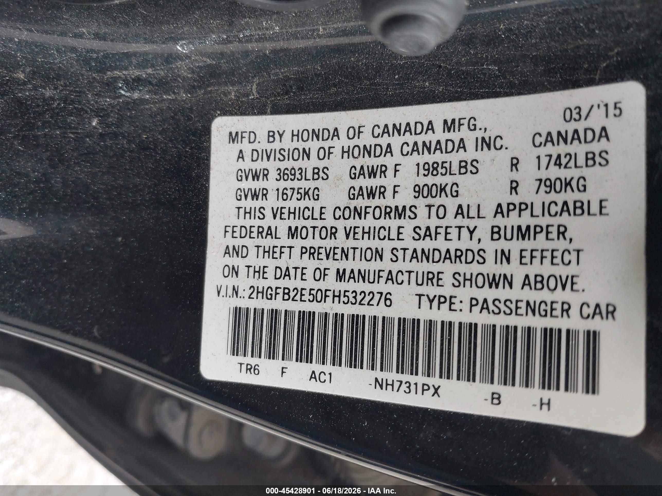 2015 Honda Civic Lx Black vin: 2HGFB2E50FH532276