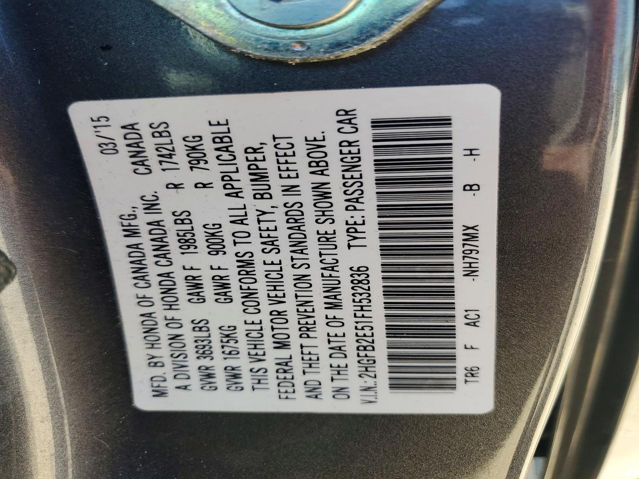 2015 Honda Civic Lx Gray vin: 2HGFB2E51FH532836
