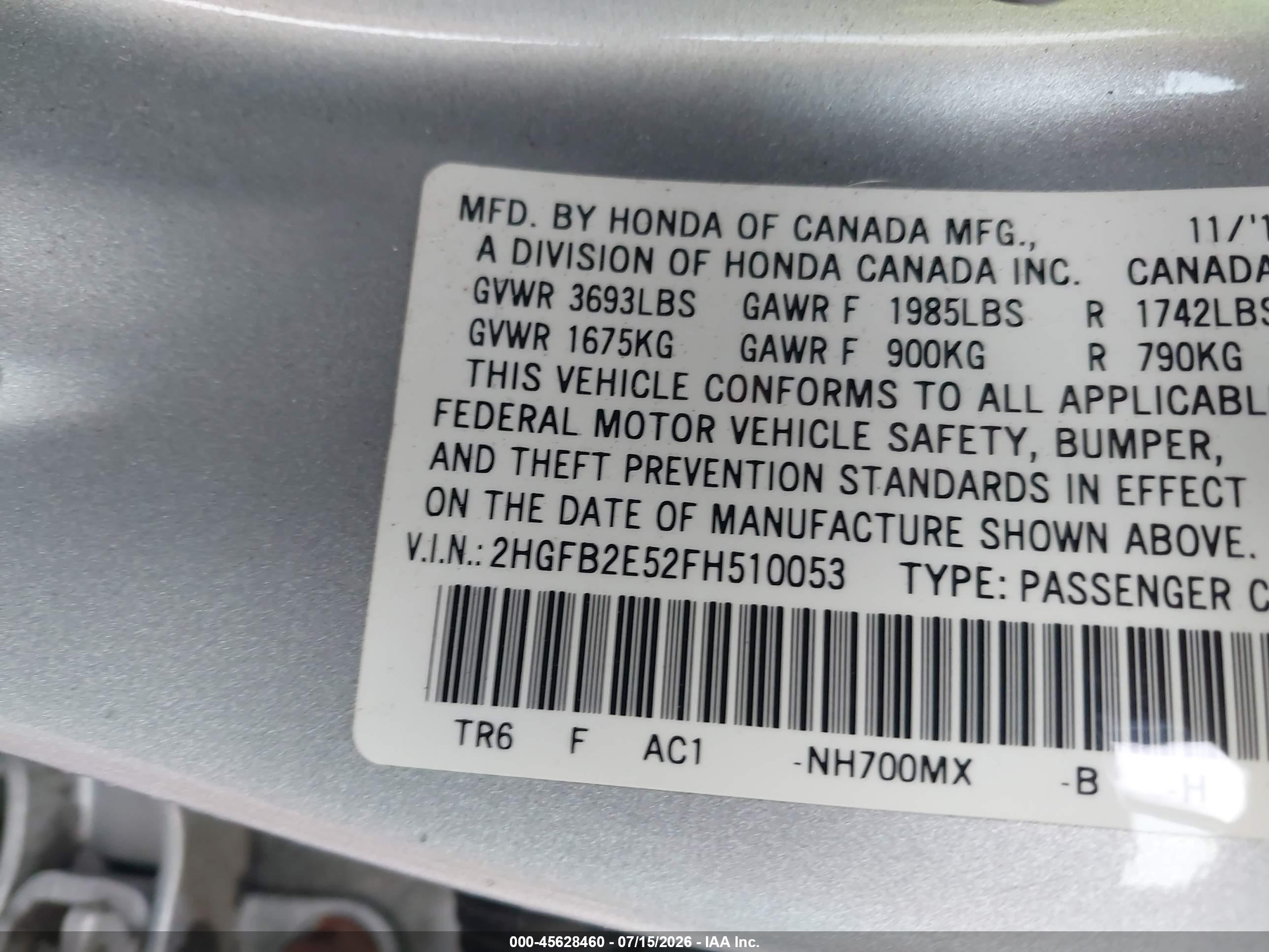 2015 Honda Civic Lx Silver vin: 2HGFB2E52FH510053