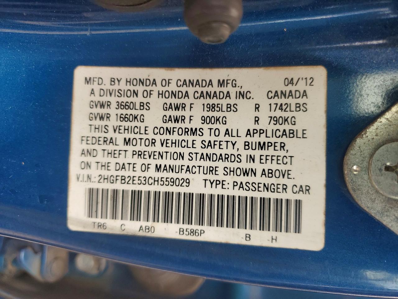 2012 Honda Civic Lx Blue vin: 2HGFB2E53CH559029