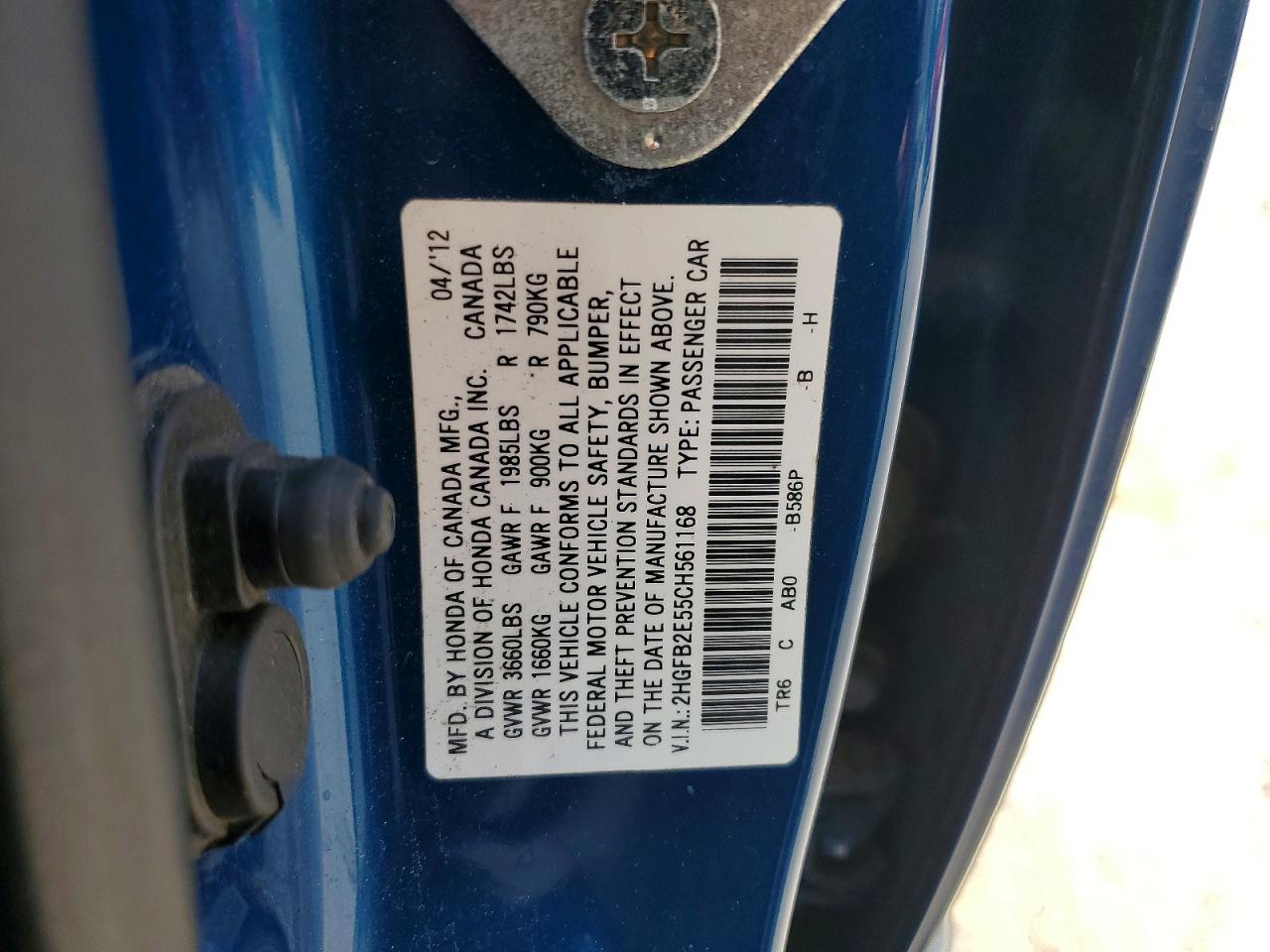 2012 Honda Civic Lx Blue vin: 2HGFB2E55CH561168
