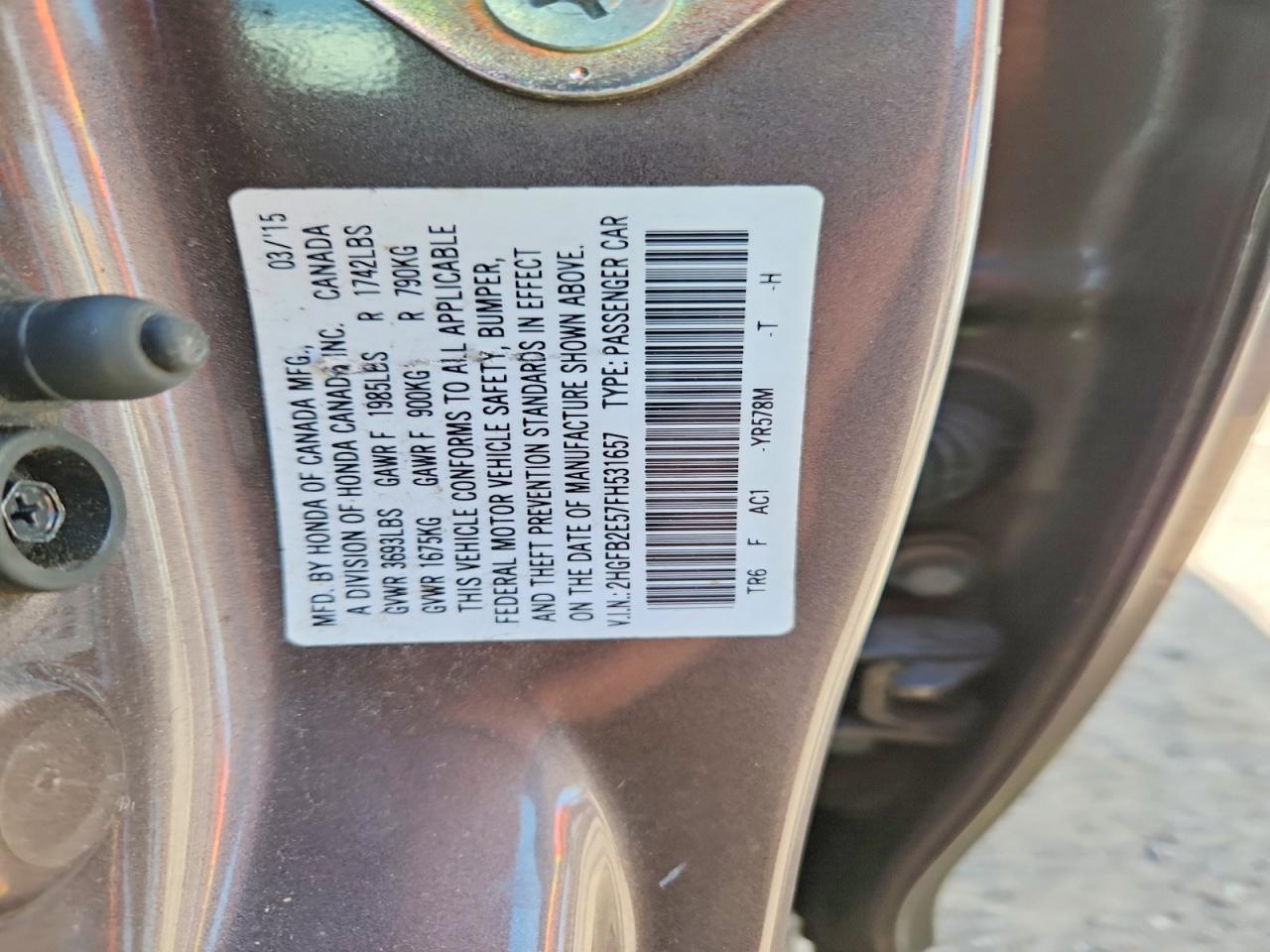 2015 Honda Civic Lx Серый vin: 2HGFB2E57FH531657