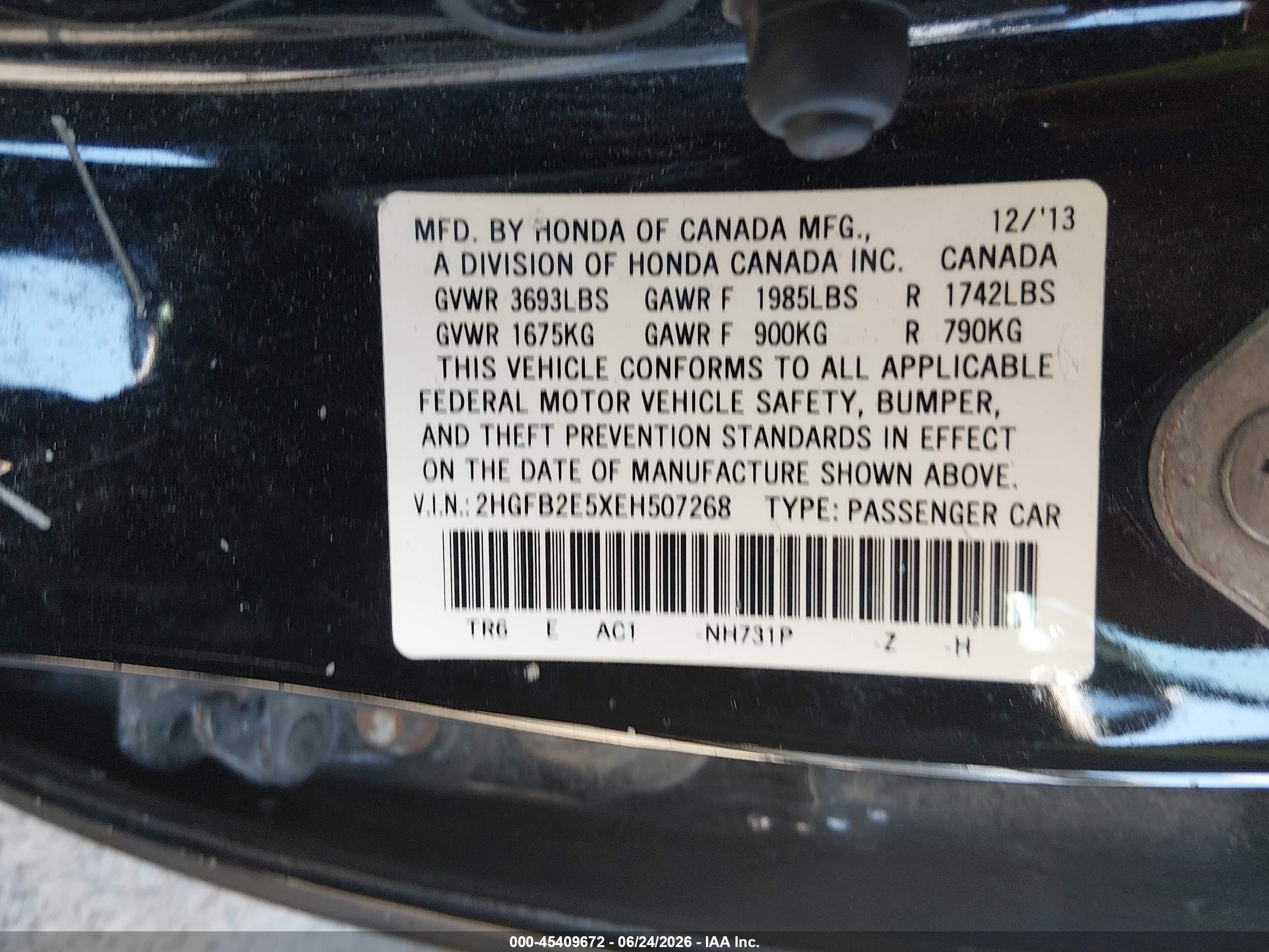 2014 Honda Civic Lx Black vin: 2HGFB2E5XEH507268