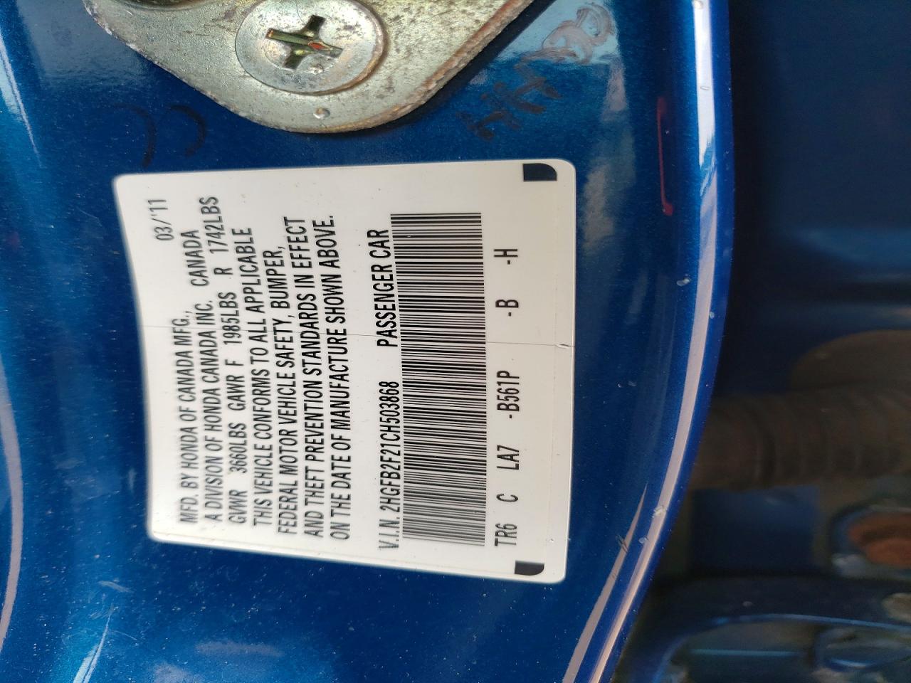 2012 Honda Civic Dx Blue vin: 2HGFB2F21CH503868