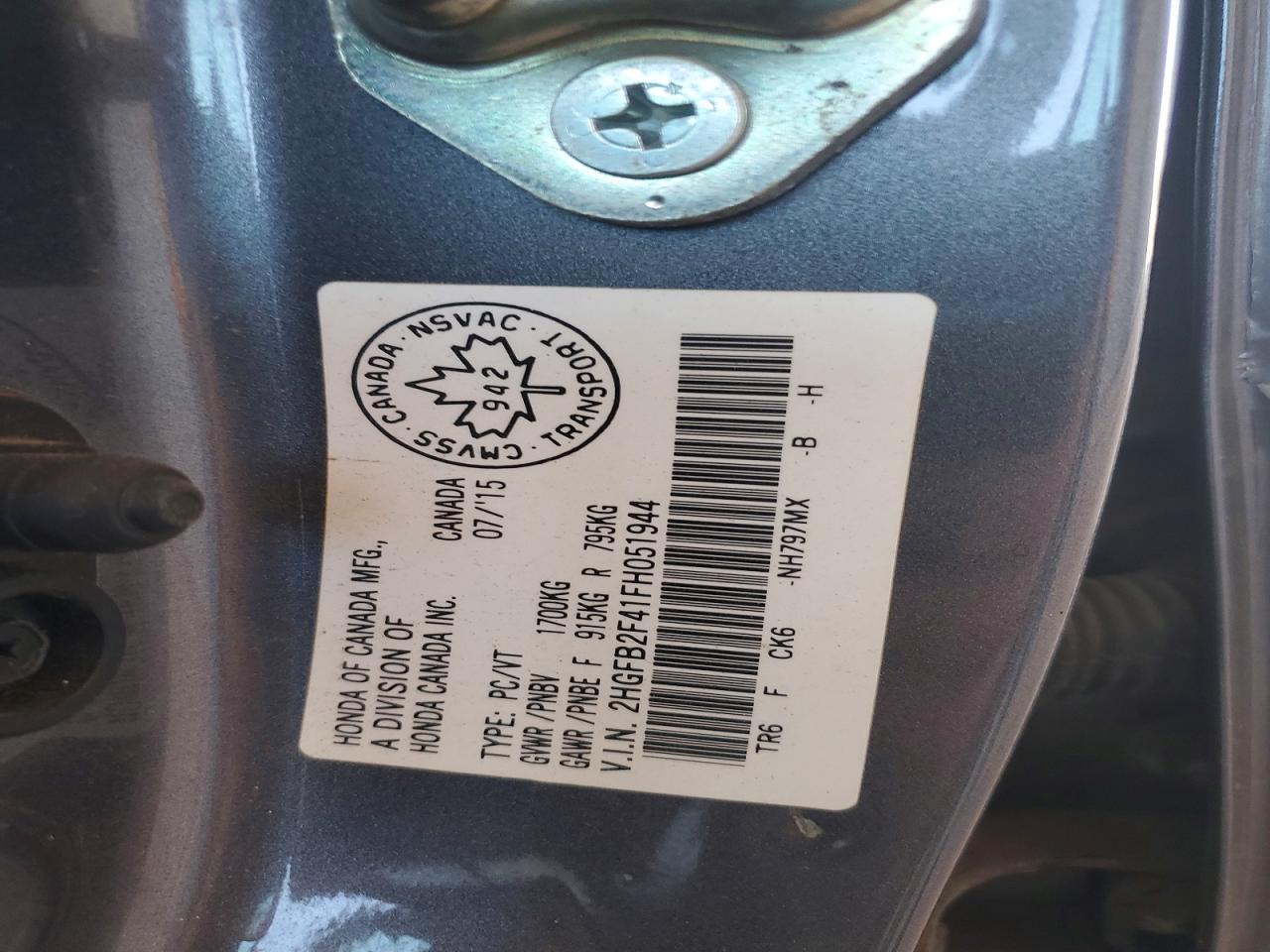 2015 Honda Civic Lx Gray vin: 2HGFB2F41FH051944