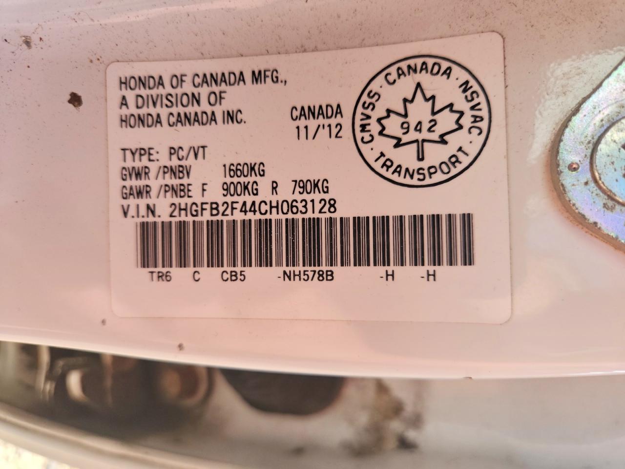 2012 Honda Civic Lx White vin: 2HGFB2F44CH063128