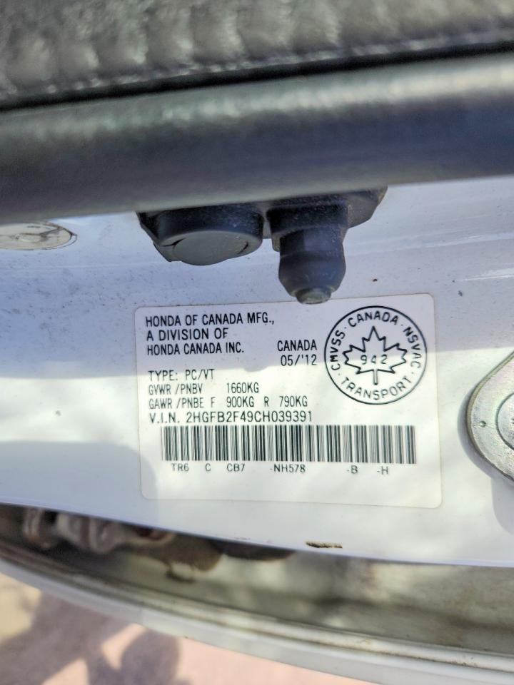 2012 Honda Civic Lx White vin: 2HGFB2F49CH039391