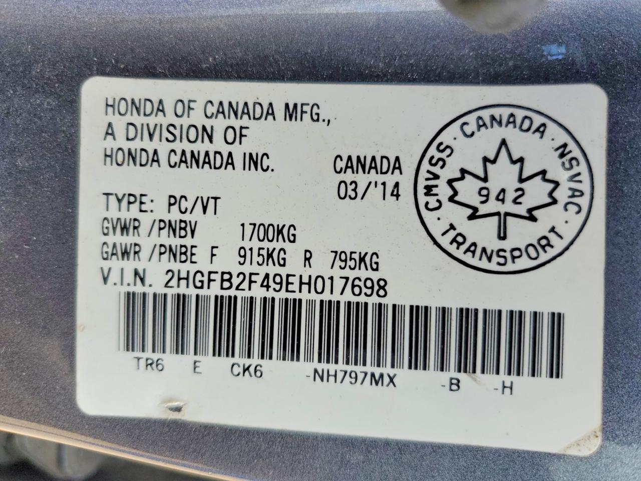 2014 Honda Civic Lx Серый vin: 2HGFB2F49EH017698