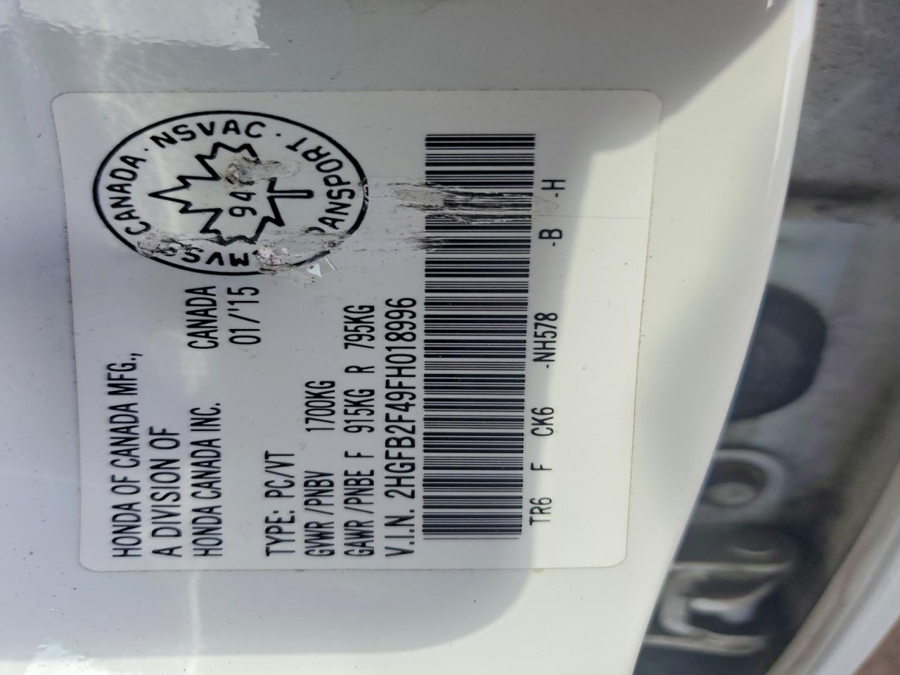 2015 Honda Civic Lx White vin: 2HGFB2F49FH018996