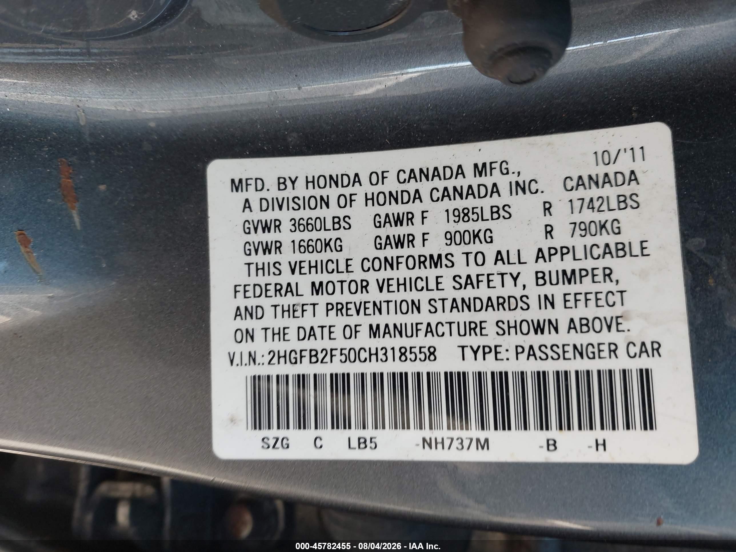 2012 Honda Civic Lx Gray vin: 2HGFB2F50CH318558