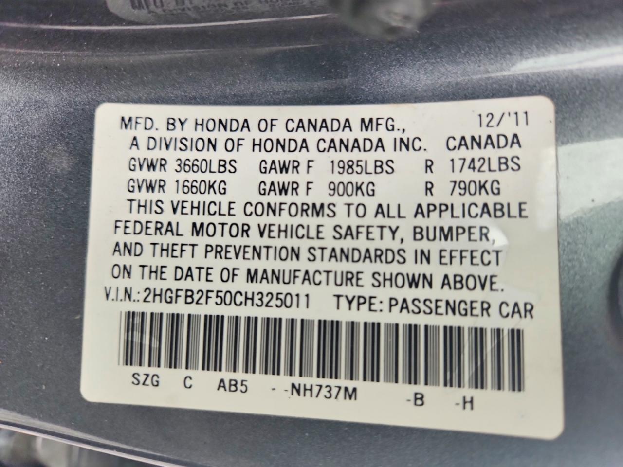 2012 Honda Civic Lx Серый vin: 2HGFB2F50CH325011