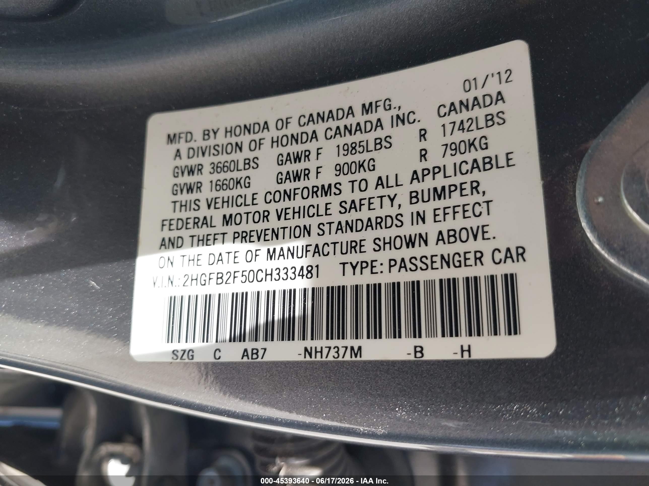 2012 Honda Civic Lx Gray vin: 2HGFB2F50CH333481