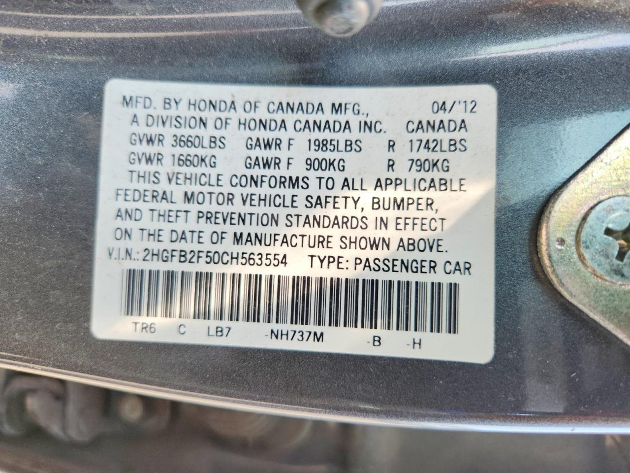 2012 Honda Civic Lx Gray vin: 2HGFB2F50CH563554