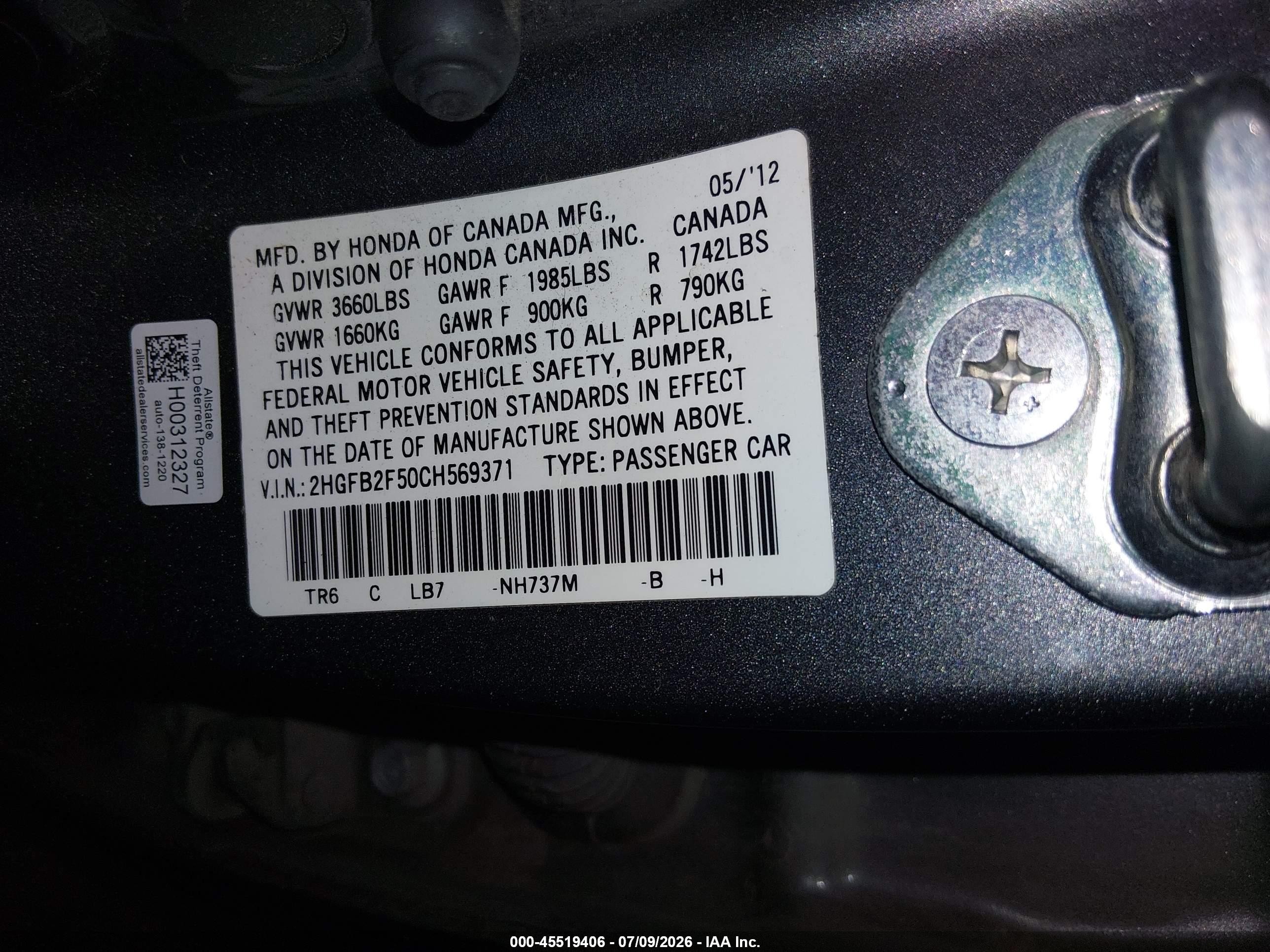 2012 Honda Civic Lx Gray vin: 2HGFB2F50CH569371