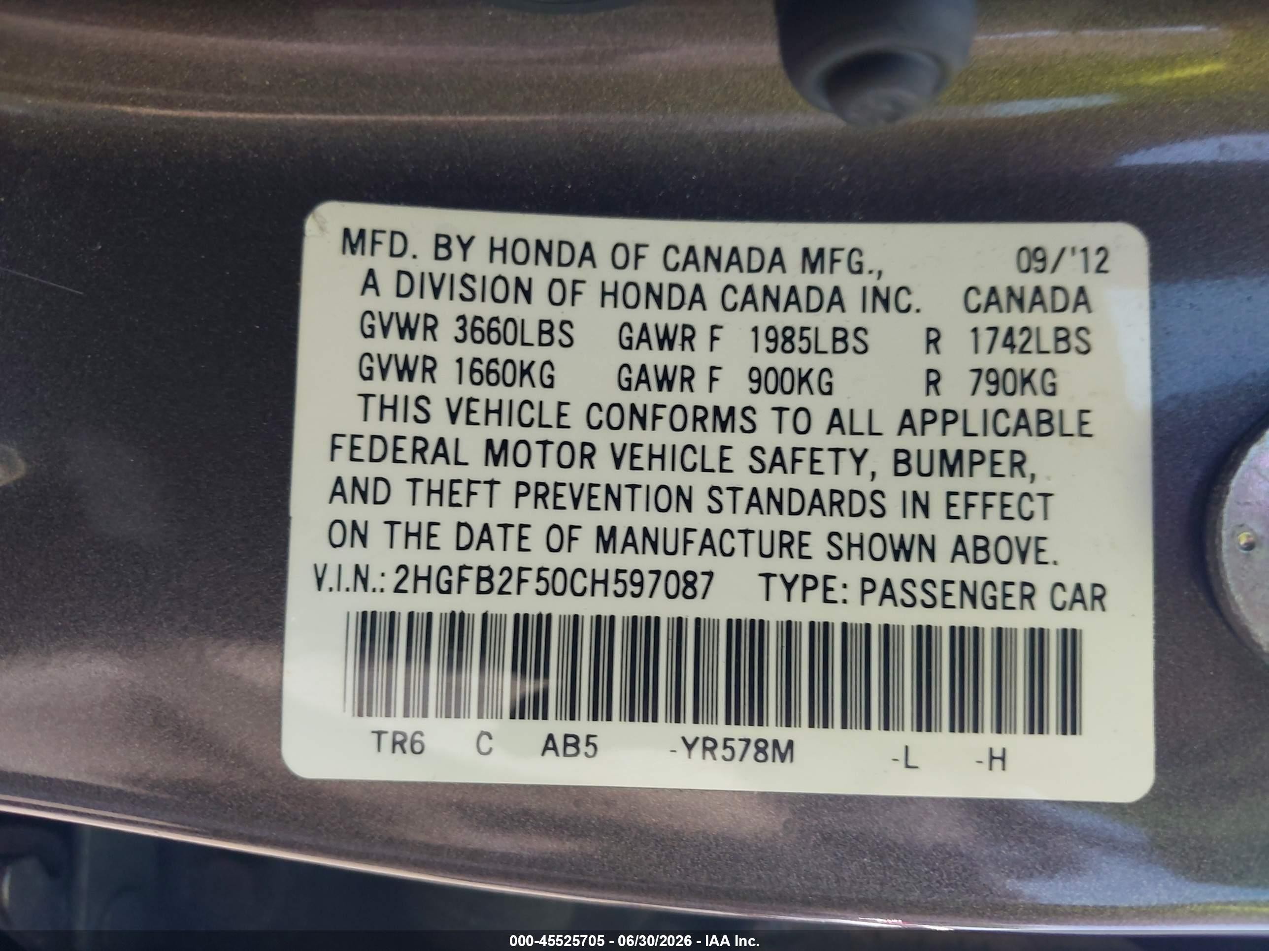 2012 Honda Civic Lx Gray vin: 2HGFB2F50CH597087