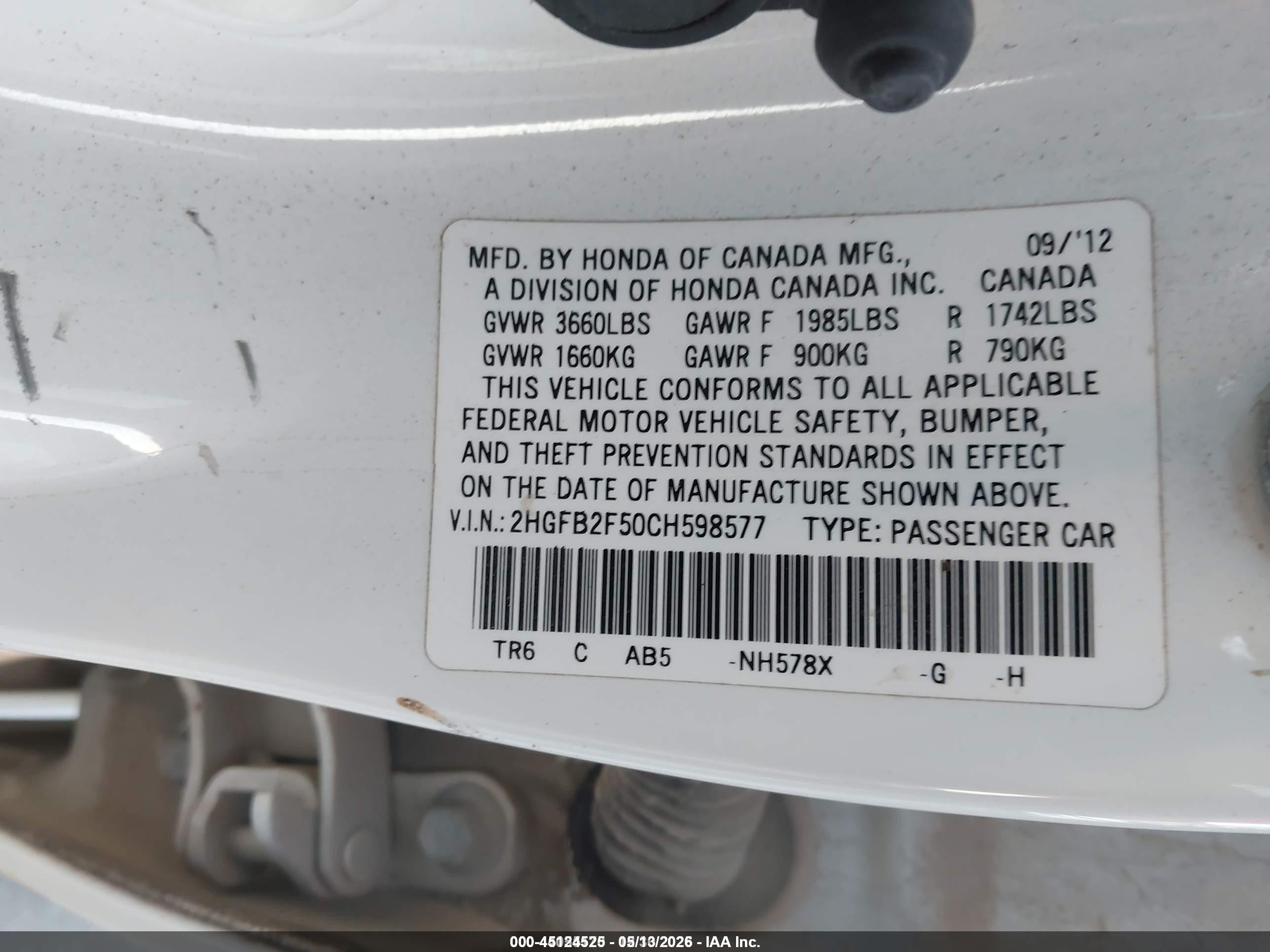 2012 Honda Civic Lx White vin: 2HGFB2F50CH598577