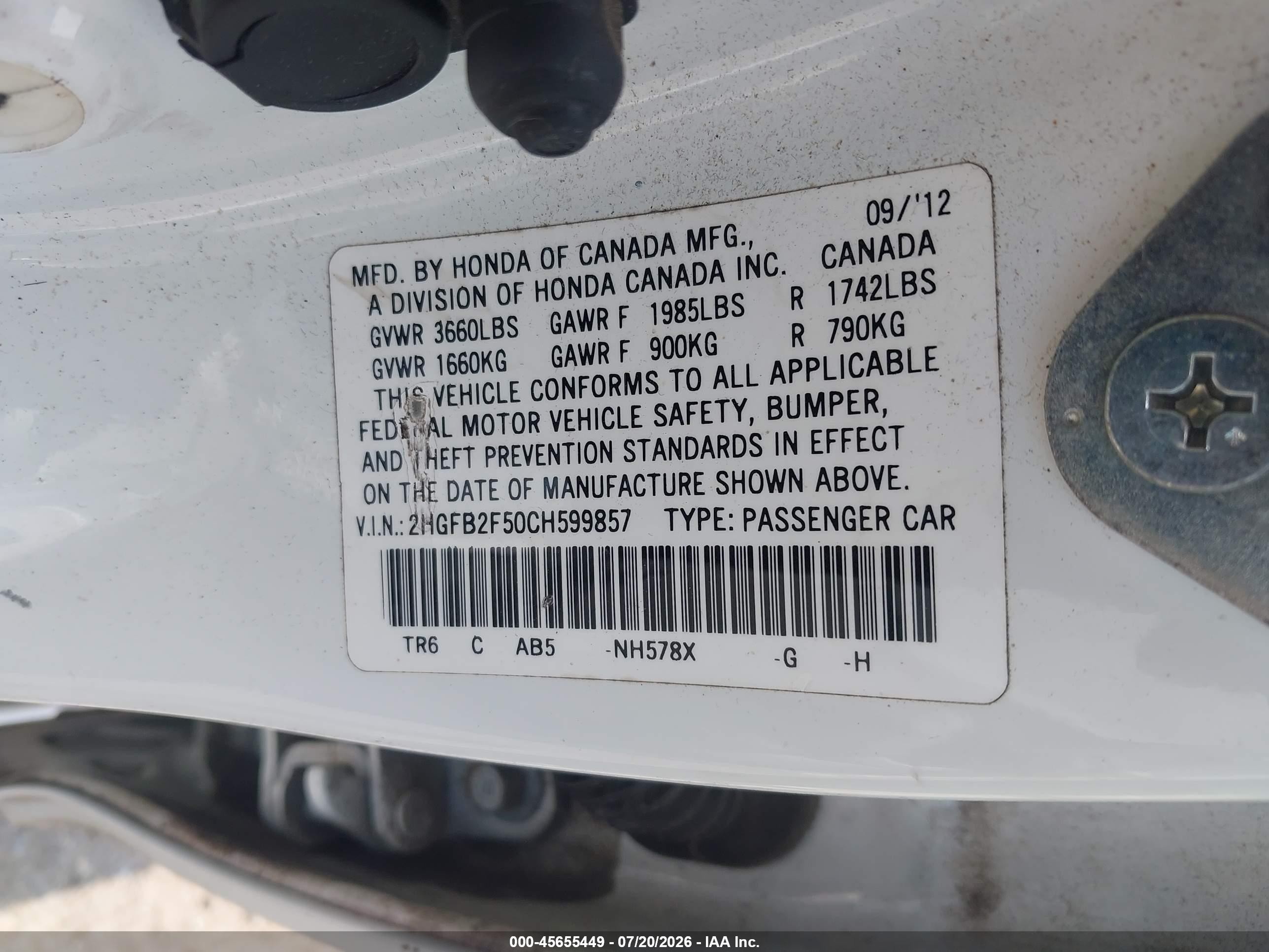 2012 Honda Civic Lx White vin: 2HGFB2F50CH599857