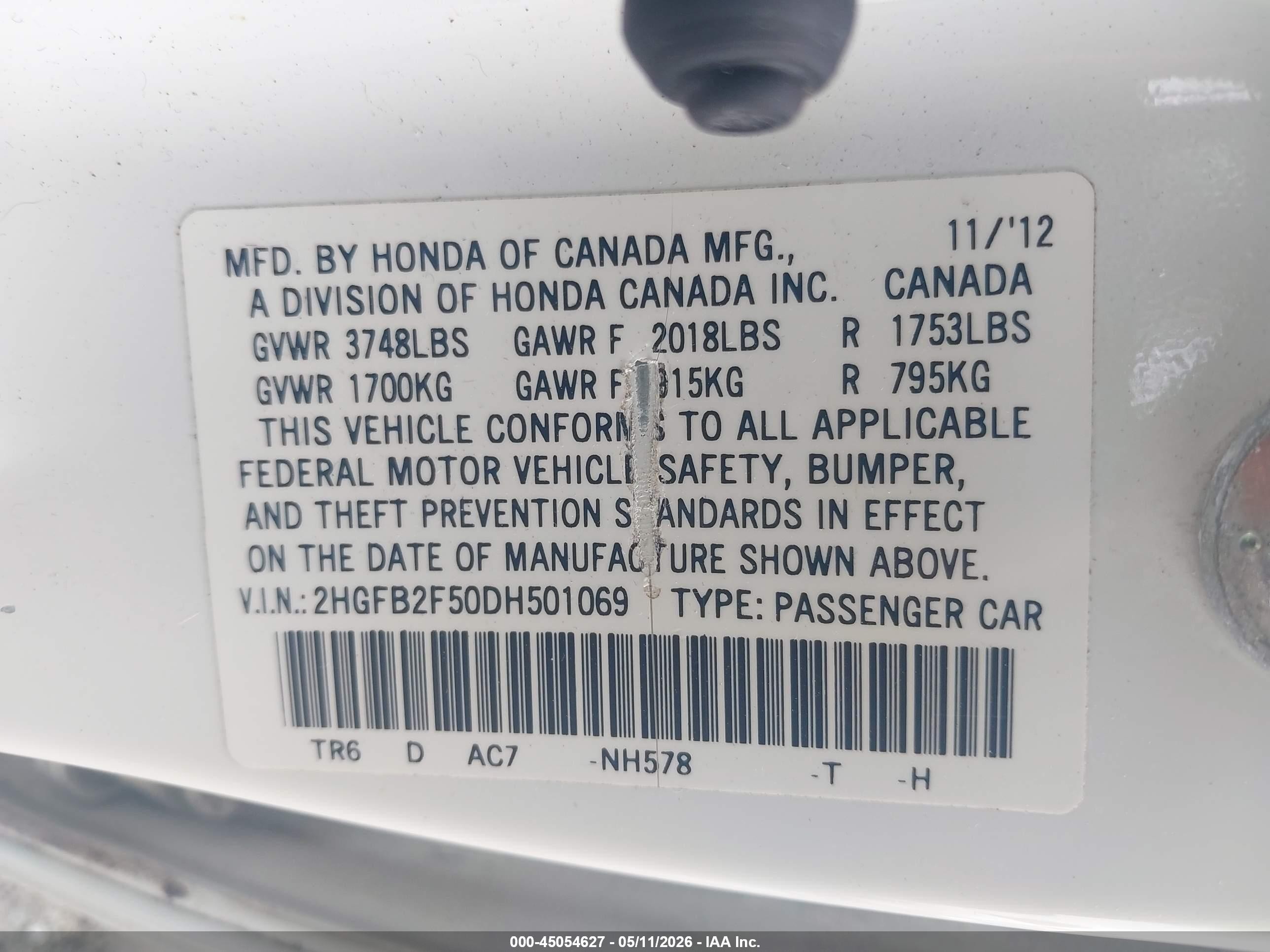 2013 Honda Civic Lx White vin: 2HGFB2F50DH501069
