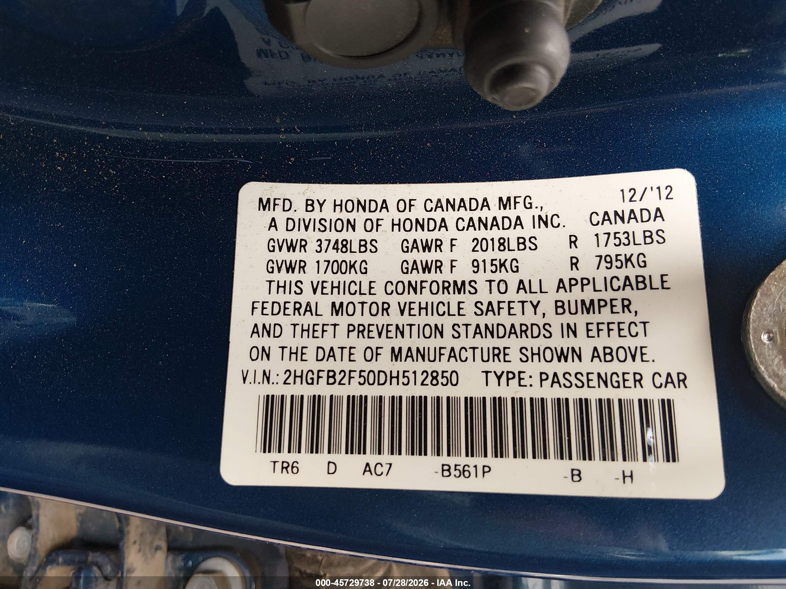 2013 Honda Civic Lx Blue vin: 2HGFB2F50DH512850