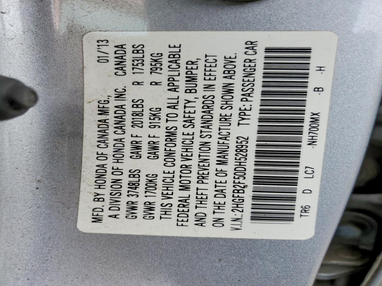 2013 Honda Civic Lx Silver vin: 2HGFB2F50DH528952