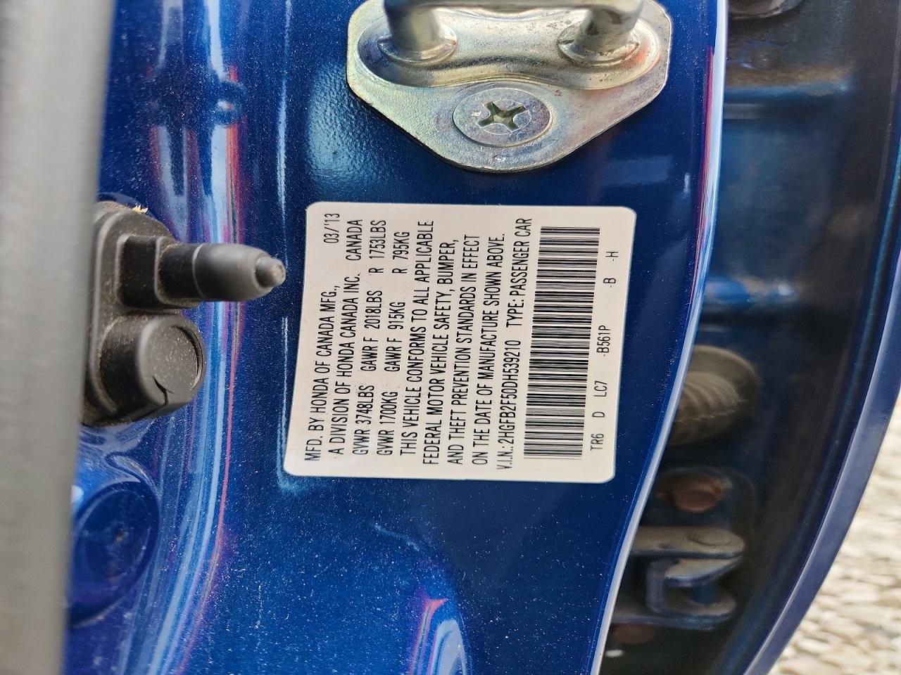 2013 Honda Civic Lx Blue vin: 2HGFB2F50DH539210