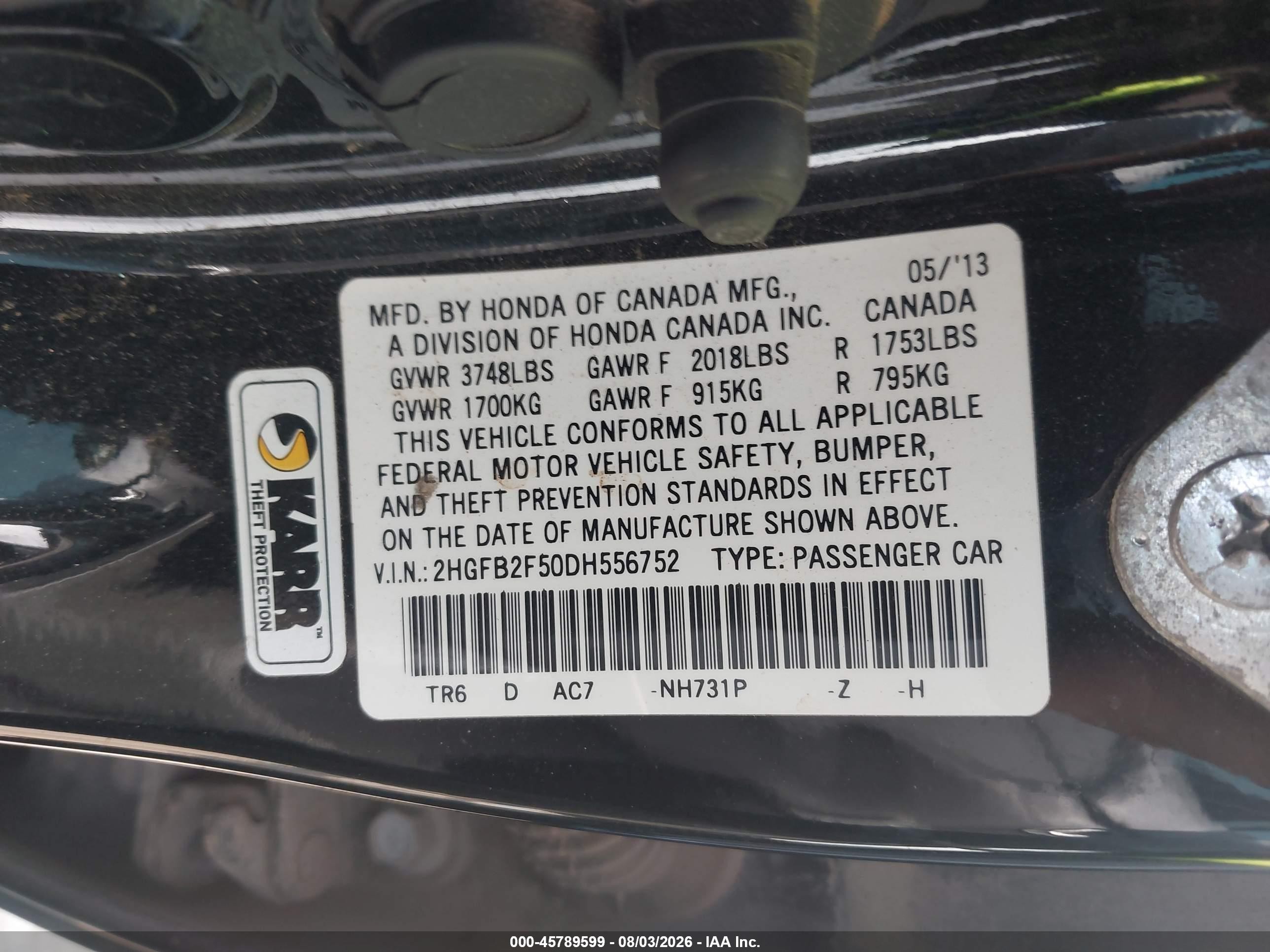 2013 Honda Civic Lx Black vin: 2HGFB2F50DH556752