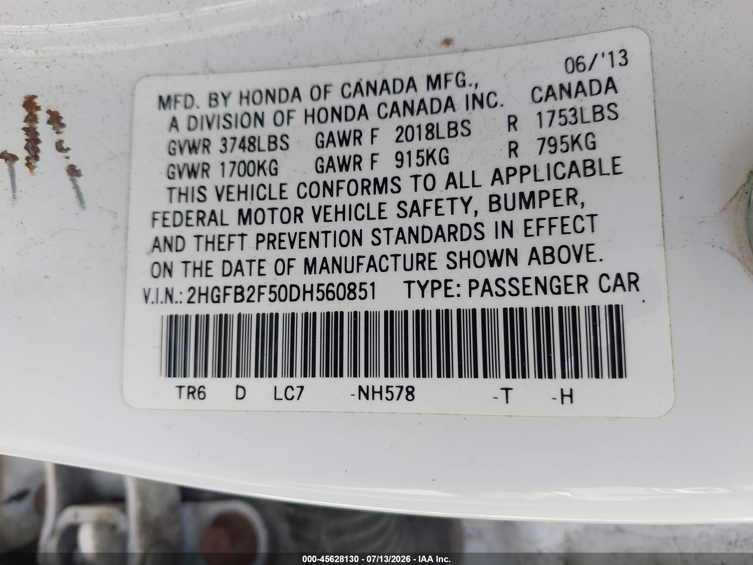 2013 Honda Civic Lx White vin: 2HGFB2F50DH560851