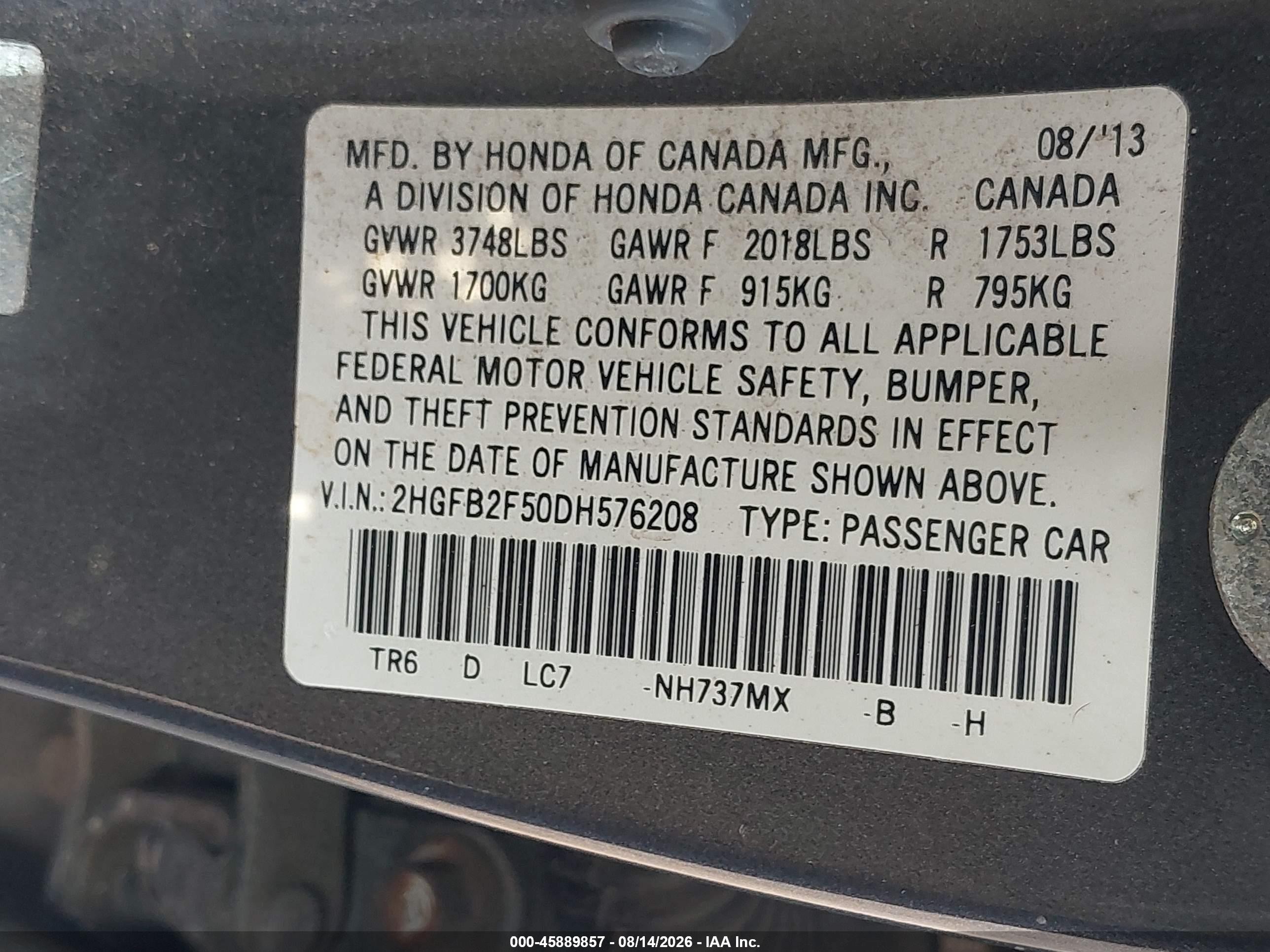2013 Honda Civic Lx Gray vin: 2HGFB2F50DH576208