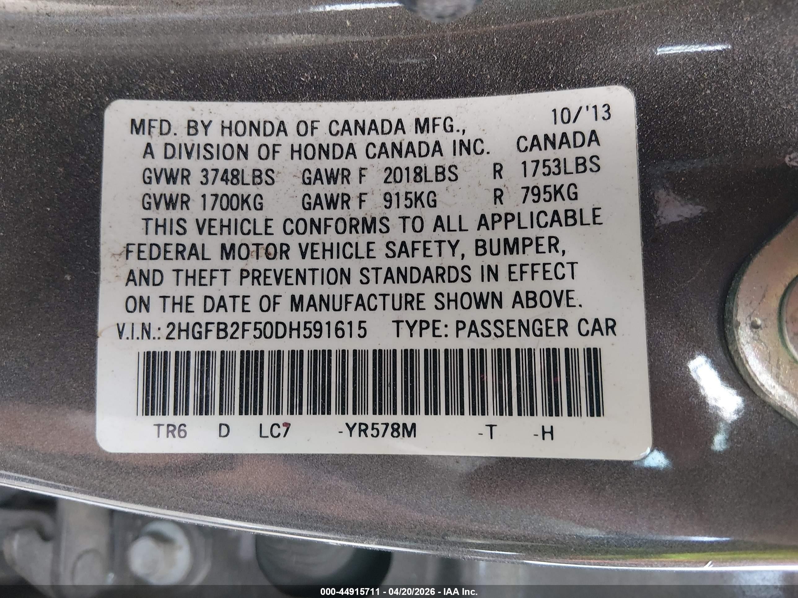 2013 Honda Civic Lx Gray vin: 2HGFB2F50DH591615