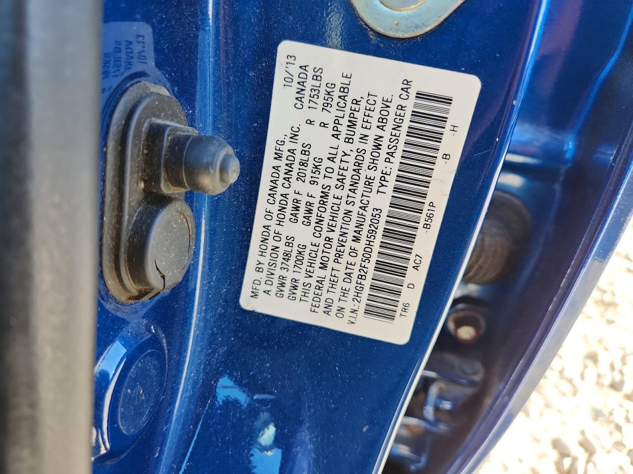2013 Honda Civic Lx Blue vin: 2HGFB2F50DH592053