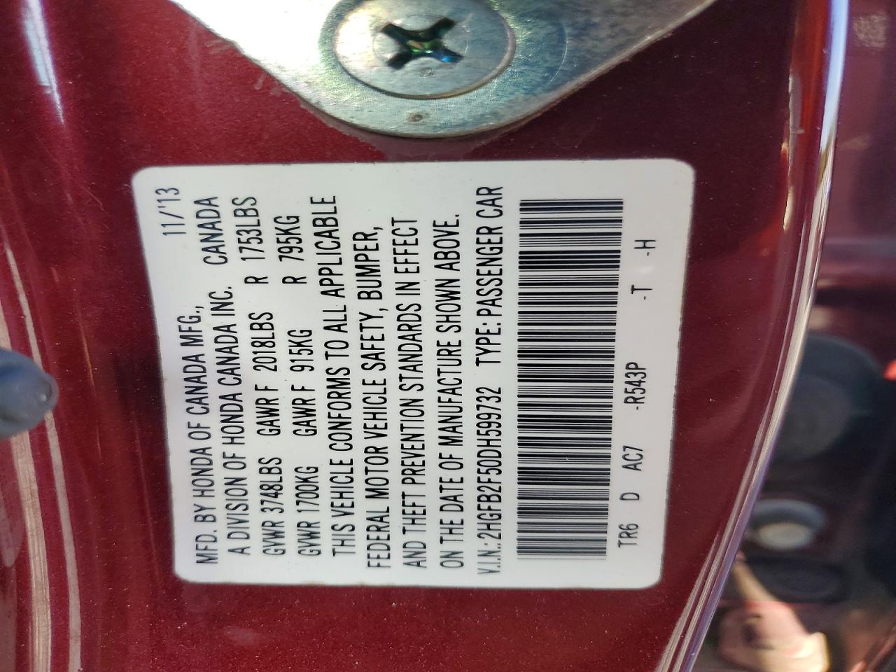 2013 Honda Civic Lx Burgundy vin: 2HGFB2F50DH599732