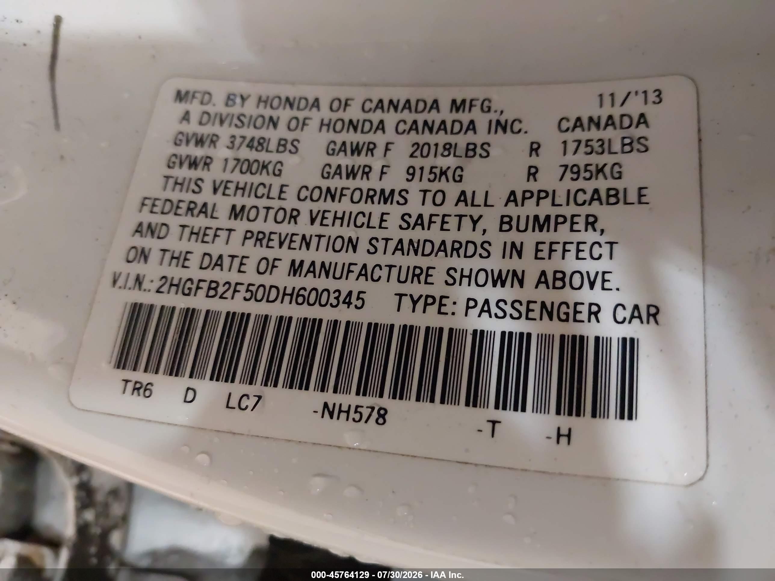 2013 Honda Civic Lx White vin: 2HGFB2F50DH600345