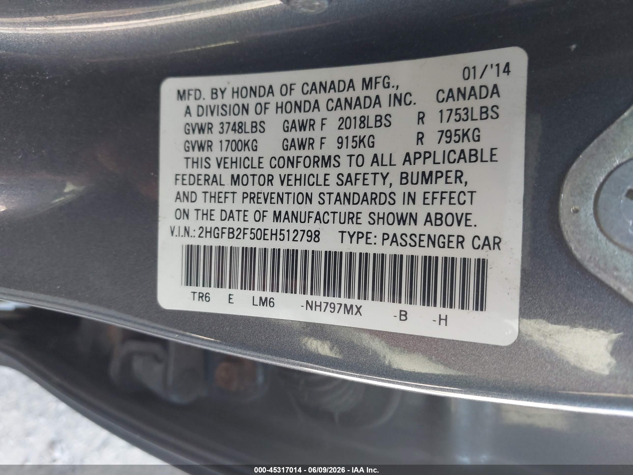 2014 Honda Civic Lx Серый vin: 2HGFB2F50EH512798