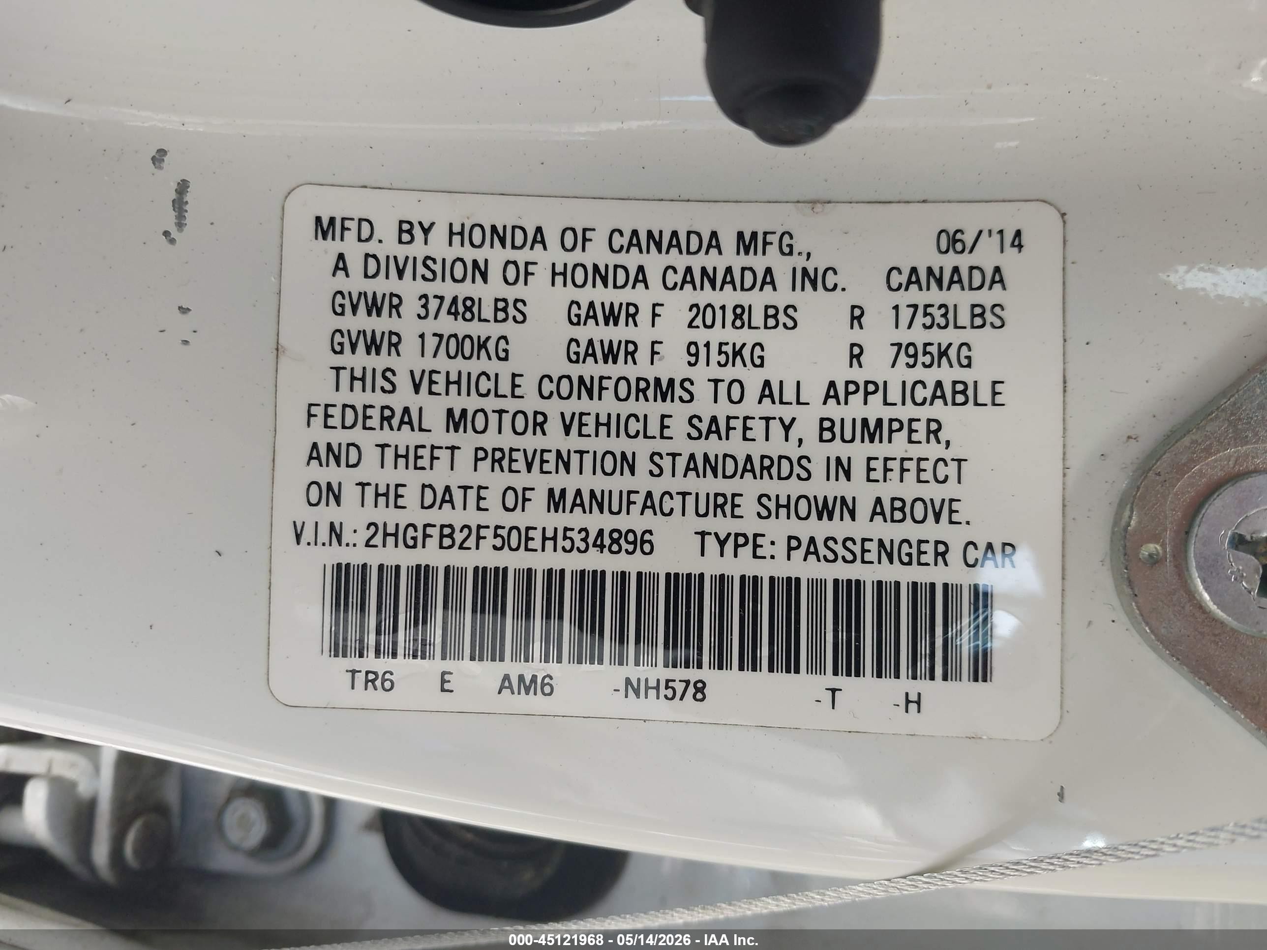 2014 Honda Civic Lx White vin: 2HGFB2F50EH534896