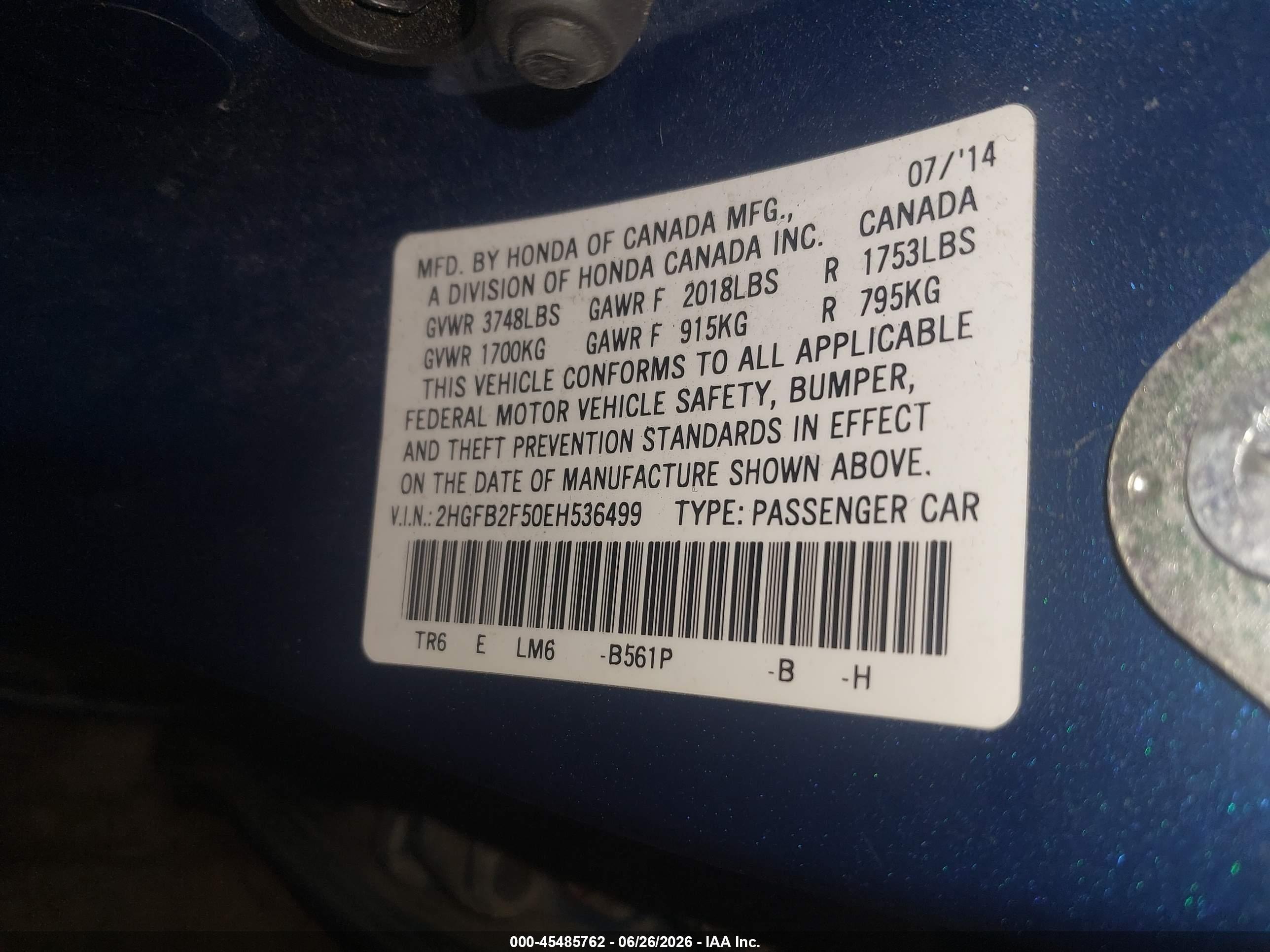 2014 Honda Civic Lx Blue vin: 2HGFB2F50EH536499