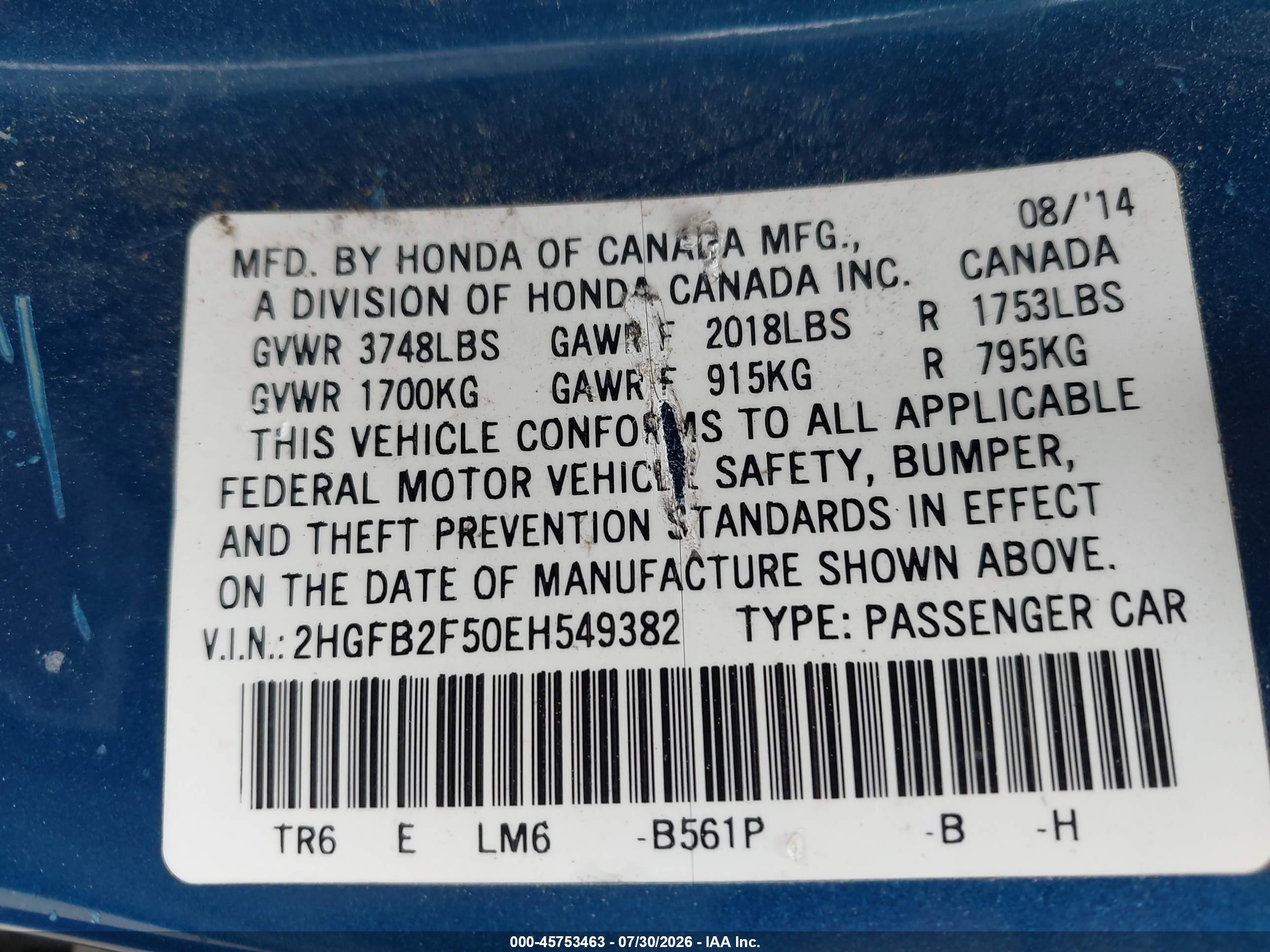 2014 Honda Civic Lx Blue vin: 2HGFB2F50EH549382