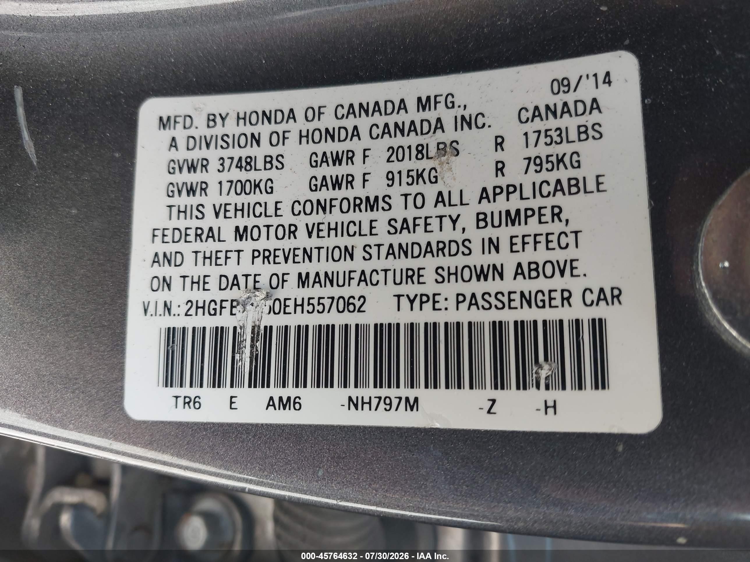 2014 Honda Civic Lx Gray vin: 2HGFB2F50EH557062