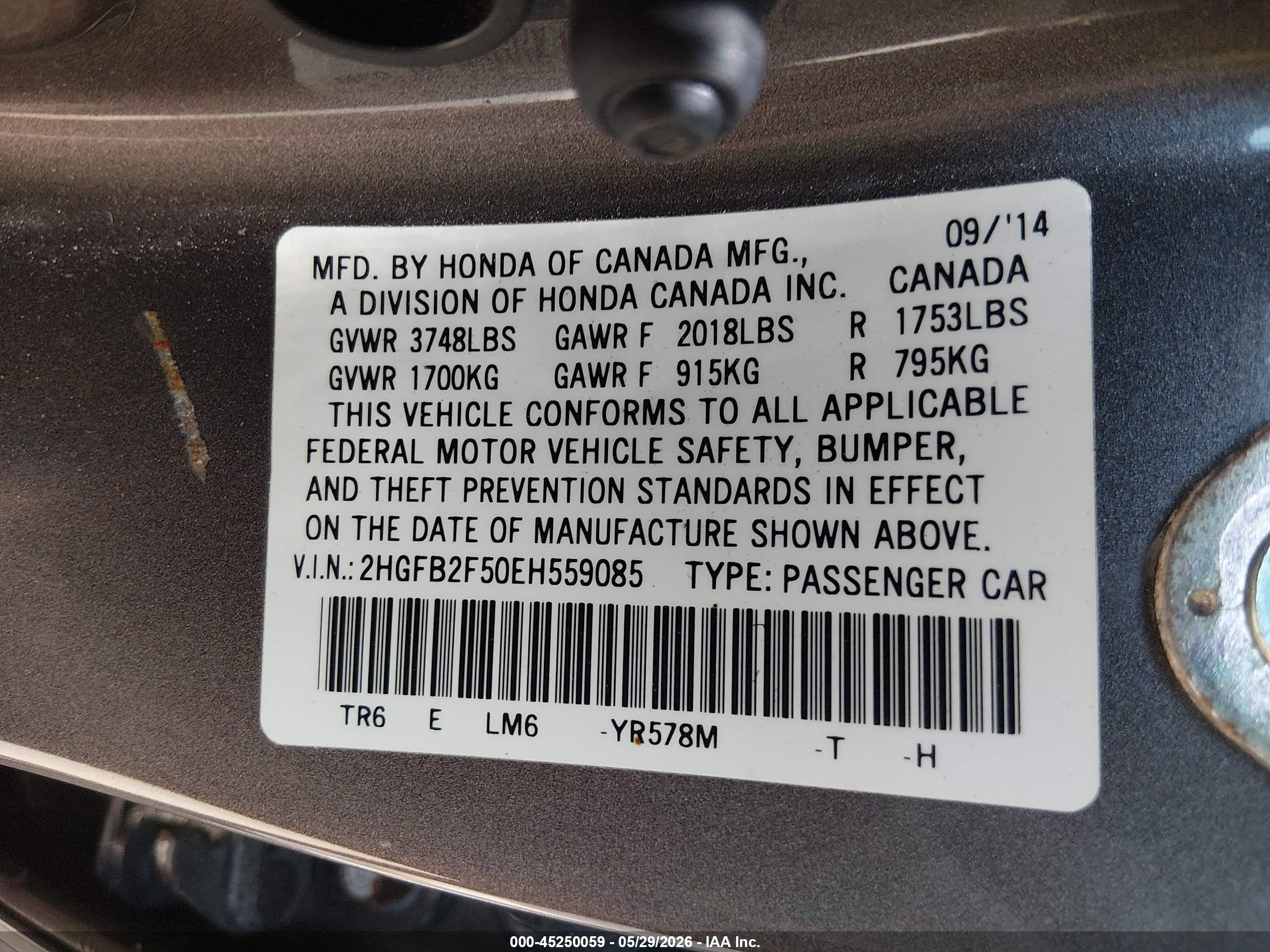 2014 Honda Civic Lx Gray vin: 2HGFB2F50EH559085