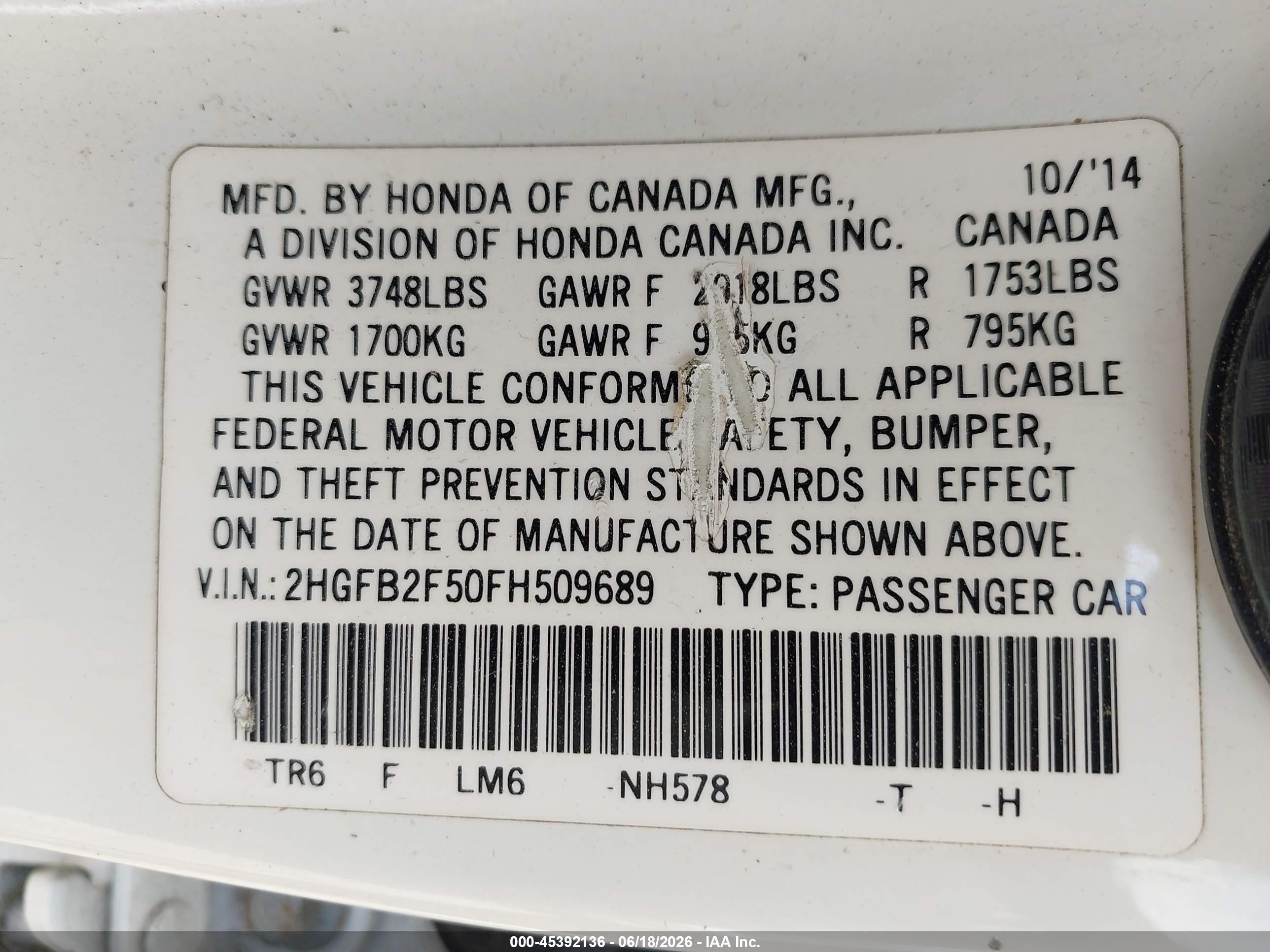 2015 Honda Civic Lx White vin: 2HGFB2F50FH509689