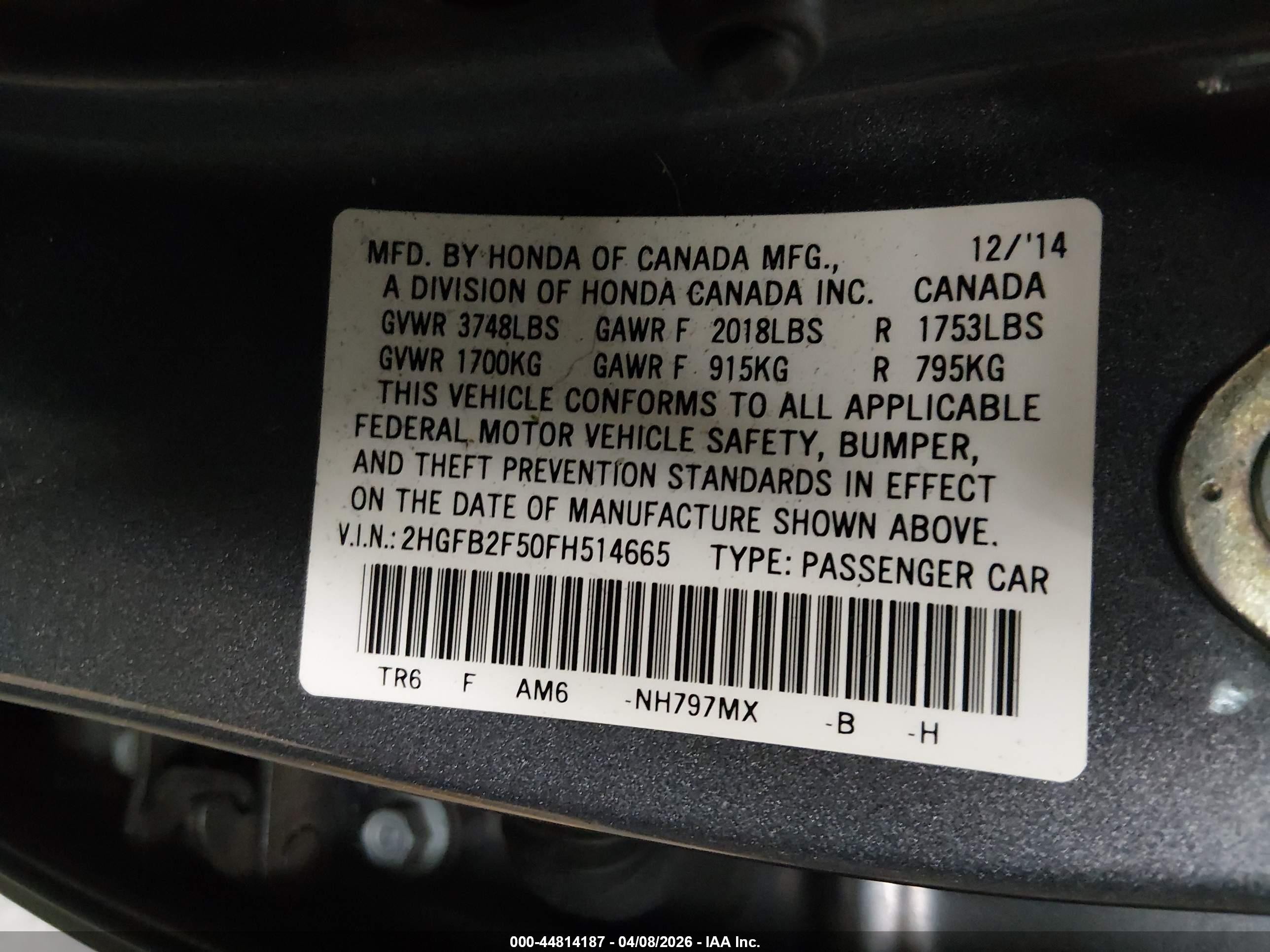 2015 Honda Civic Lx Серый vin: 2HGFB2F50FH514665