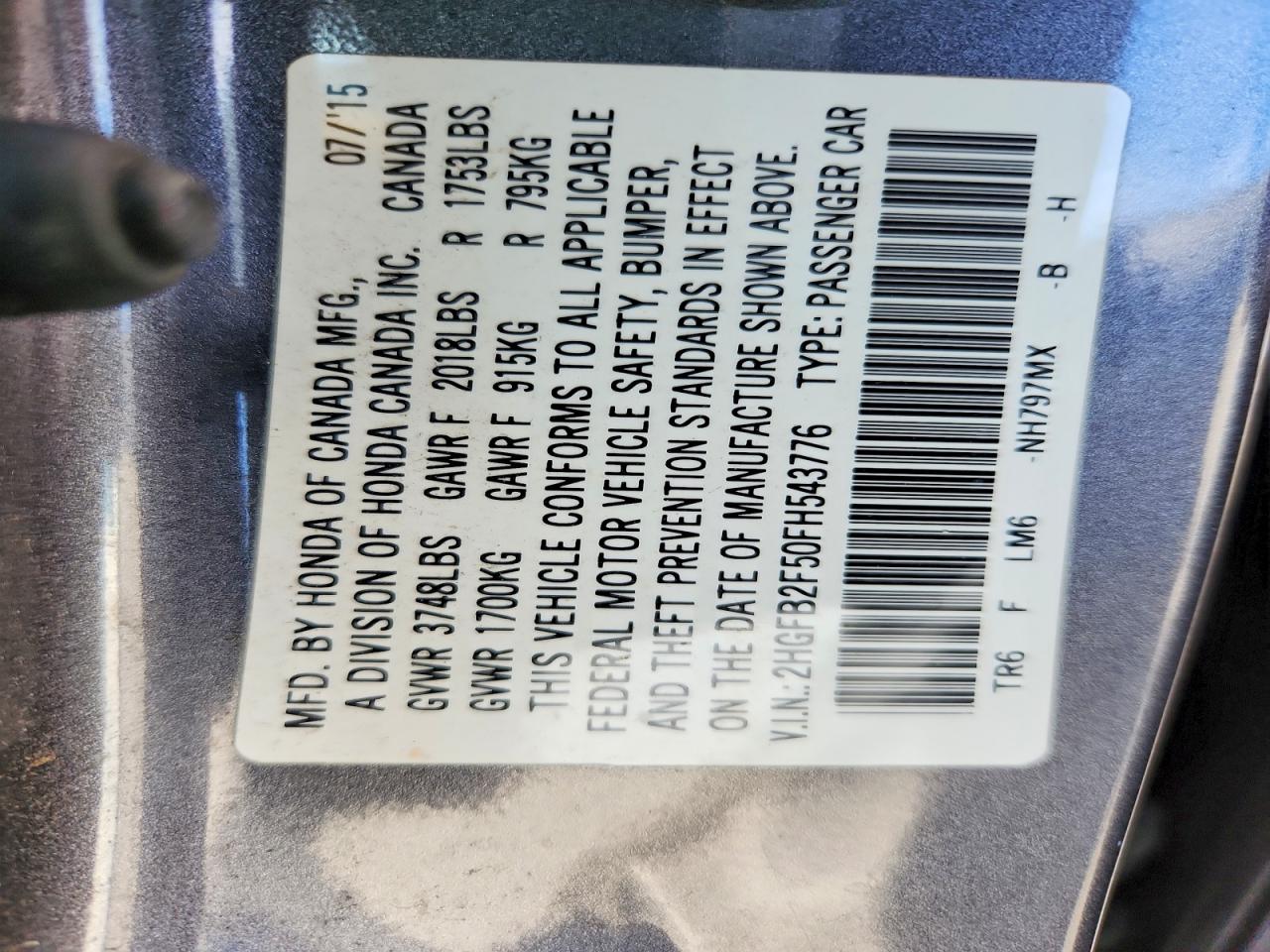 2015 Honda Civic Lx Gray vin: 2HGFB2F50FH543776