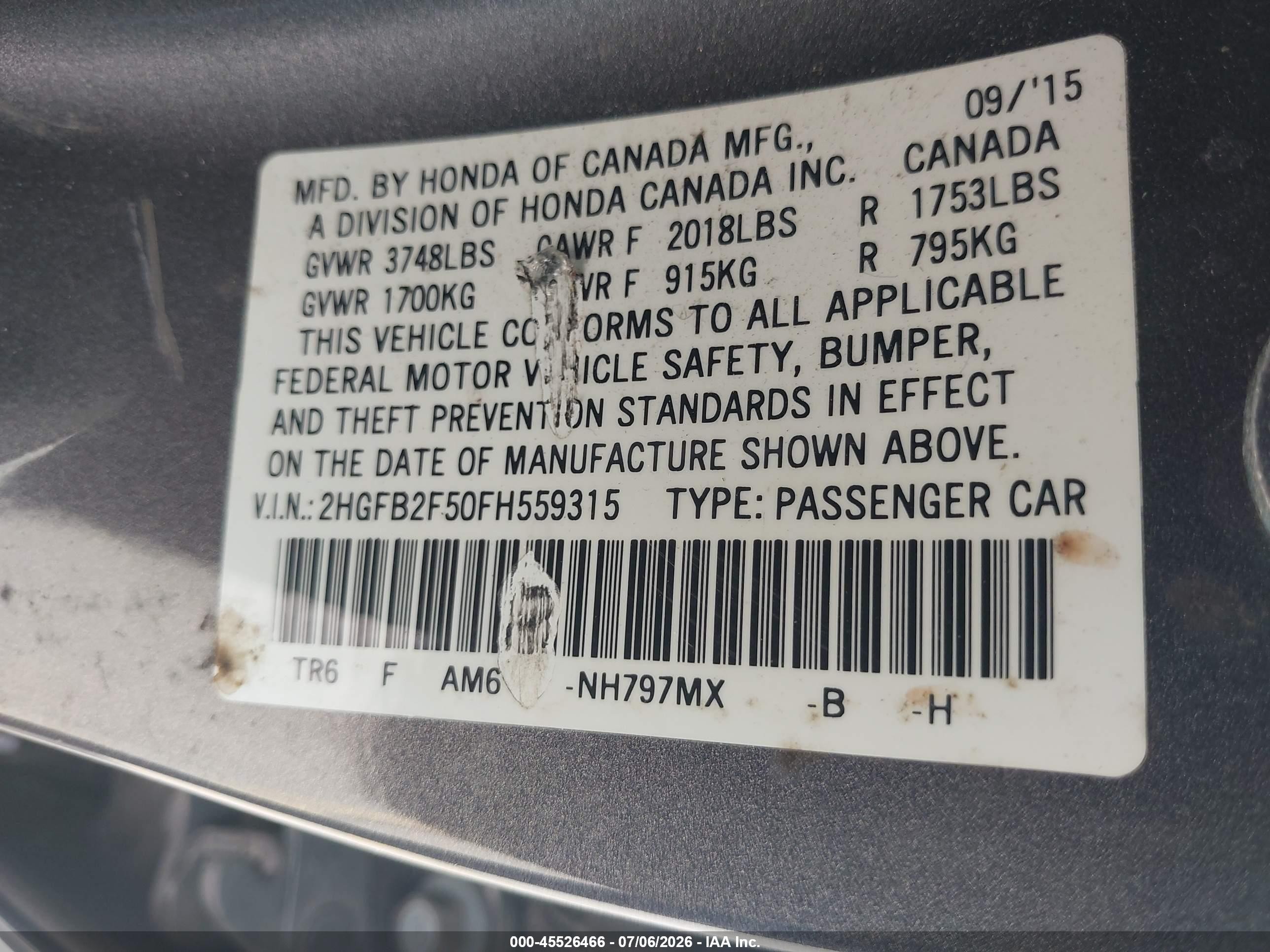 2015 Honda Civic Lx Серый vin: 2HGFB2F50FH559315