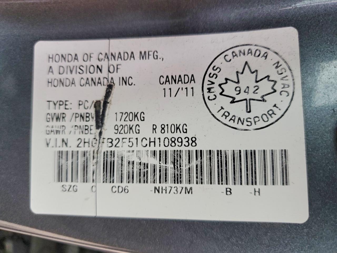 2012 Honda Civic Lx Gray vin: 2HGFB2F51CH108938