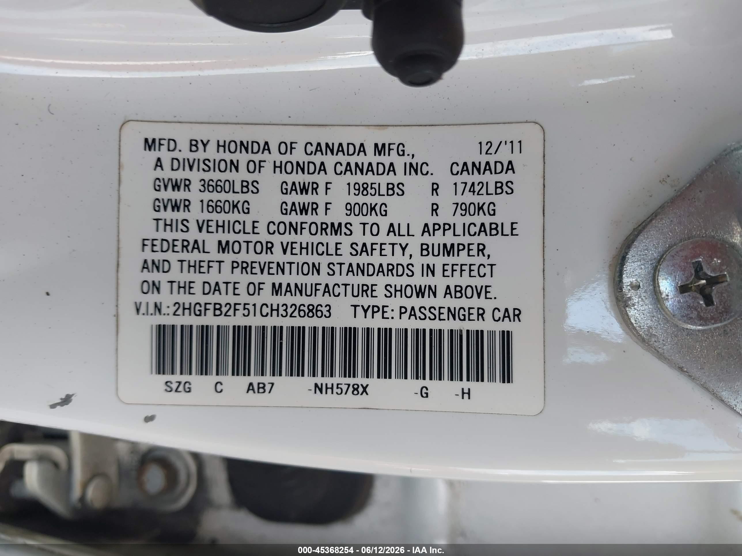 2012 Honda Civic Lx White vin: 2HGFB2F51CH326863